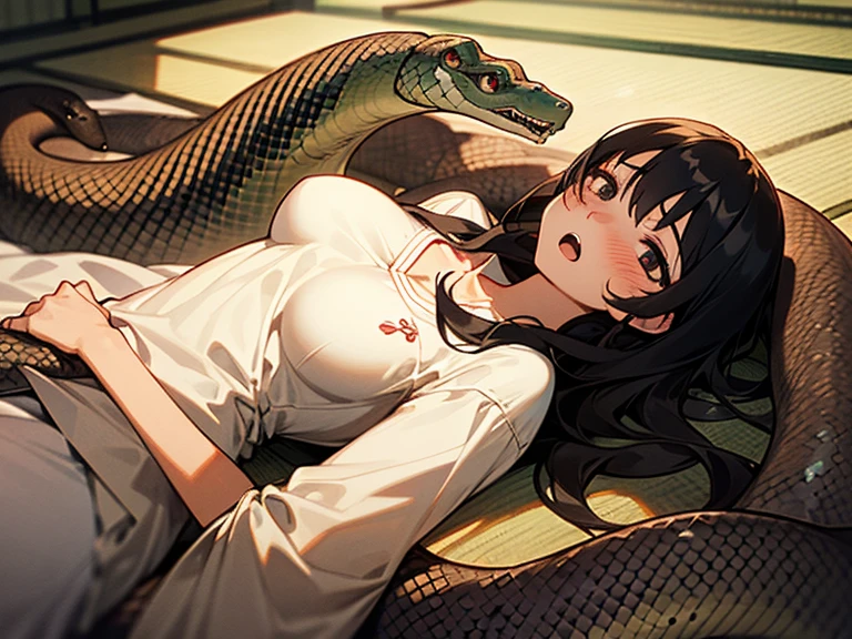 girl lays on a bed, 1girl, solo, breasts, ,black hair, long hair ,((lying on back)), (pajamas:1.0), white pajamas, (Background: Bedroom with tatami mats), on the bed sheet, lying, on back, (large breasts), flustered face, surprised face, confused, scared, (upset:1.0), open mouth, sweat, (snakes 1.5), (anaconda), (big snake), (snake tail),pretty girl, (looking up:1.0), night, steam, best quality,detailed,high resolution,
