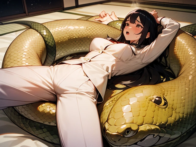 girl lays on a bed, 1girl, solo, breasts, ,black hair, long hair ,((lying on back)), (pajamas:1.0), white pajamas, (Background: Bedroom with tatami mats), on the bed sheet, lying, on back, (large breasts), flustered face, surprised face, confused, scared, (upset:1.0), open mouth, sweat, (snakes 1.5), (anaconda), (big snake), (snake tail),pretty girl, (looking up:1.0), night, steam, best quality,detailed,high resolution,
