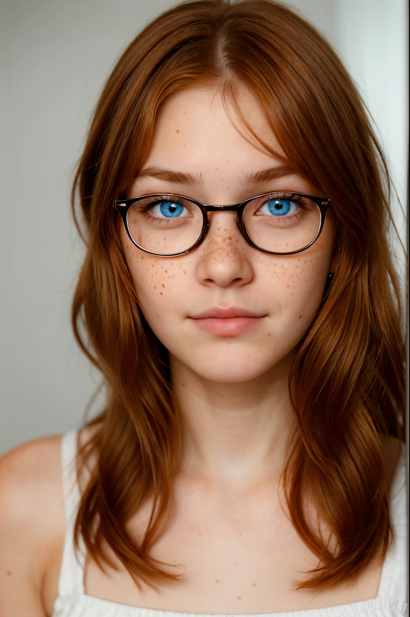 professional, masterpiece, (8k UHD), hyperrealistic portrait of a 20yo cute ginger girl, vivid eyes, real eyes, perfect_eyes, long hair, redhead, glasses, (looking shy:1.3), freckles, detailed face, detailed skin, photography, hq, photorealistic, more detail, high detailed,