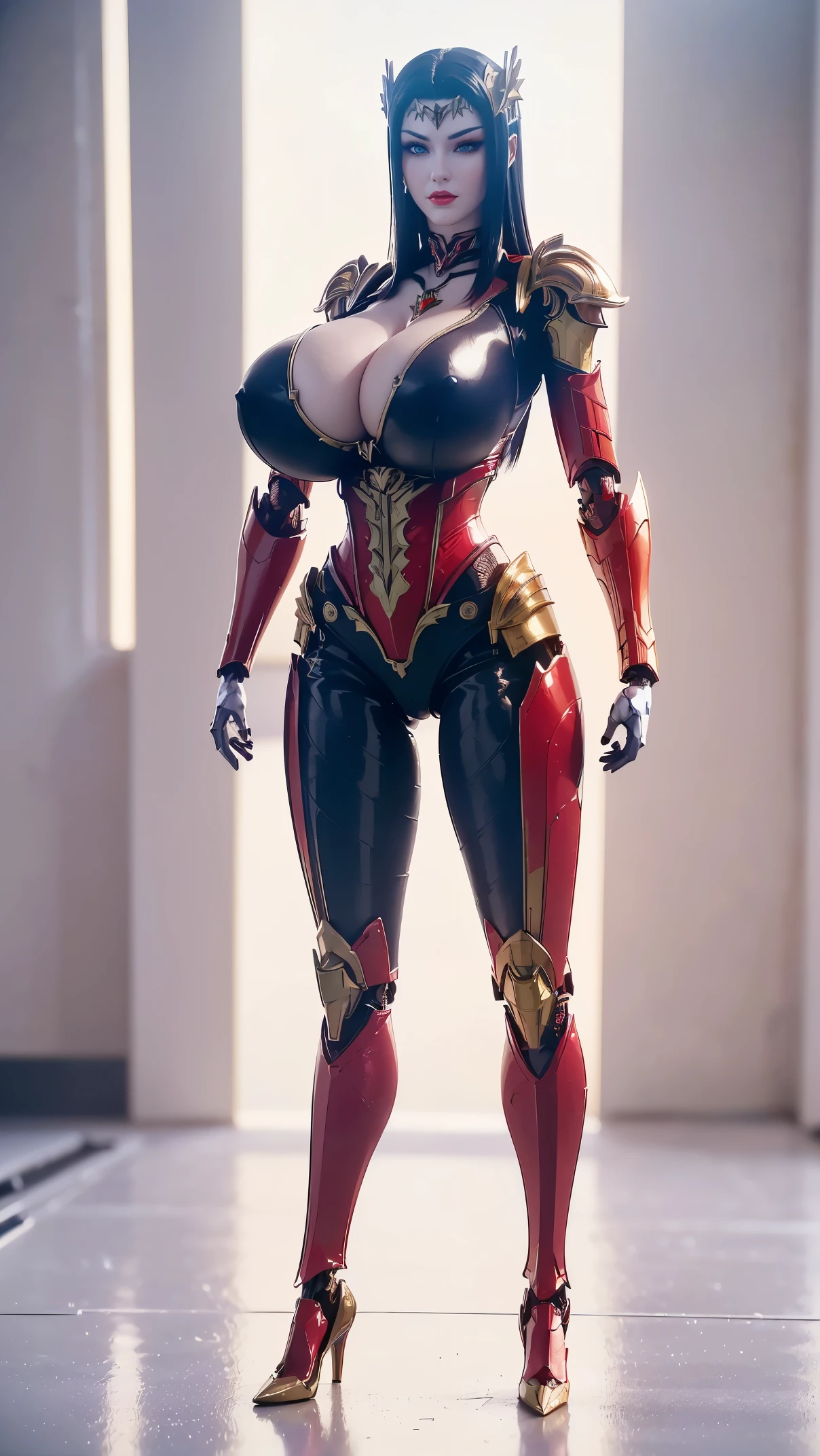 A beauty doll girl with black hair, (ACTION FIGURE:1.7), (PHOENIX GOLD HELM:1.1), (BIGGER BUTTOCK,HUGE FAKE BREAST:1.5), (CLEAVAGE:1.5), (BARE MUSCLE ABS:1.3), (MECHA GUARD ARMS:1.1), (RED SHINY FUTURISTIC MECHA BODY, BLACK MECHA SKINTIGHT SUIT PANTS, MECHA GUARD ARMOR LEGS, HIGH HEELS:1.5), (MUSCULAR BODY, SWEATY SKIN, SEXY LONG LEGS:1.1), (LOOKING AT VIEWER:1.3), (female focus:0.9), (STANDING HALLROOM OF FUTURISTIC SPACE STATION:1), (BRIGHT LIGHT WHITE_ROOM:1.3), HYPER TEXTURE, 4X MSAA, UNREAL ENGINE RENDER, PHYSICALLY-BASED RENDERING, ULTRA HIGHT DEFINITION, 16K, 1080P.