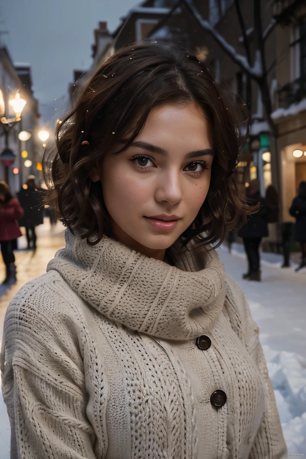 Breathtaking cinematic photo of a 25 year old girl with brown hair and brown eyes, happy, cheerful expression, closed mouth, beautiful lips, intricate details, shallow depth of field, highly detailed, high budget, epic Hollywood film, gorgeous, masterpiece, award-winning, professional, highly detailed, detailed skin texture, (blush: 0.5), (goosebumps: 0.5). (the most beautiful woman in the world) (brown hair) (short curly hair, wild hair, stylish cut) thin face, thin nose, beautiful, very beautiful, perfect face, slender body (slender), (brown hair) (brown eyes ) (white skin) Beautiful body, western face, predatory eyes, pink lips, thick thighs. full body, western beauty, thin nose, beautiful, perfect, ((best quality)), ((ultra resolution)), ((photorealistic: 1.4)), (intricate details), perfect face, makeup: 1.5 , clear face, facial details. The travel model explores the snow-covered streets of Montmartre, with the Sacré-Cœur Basilica in the background. She's dressed in a warm, fashionable winter outfit, including a cozy sweater and thermal leggings. The charming neighborhood looks magical under a blanket of snow, with the street lamps casting a warm glow on the cobblestone streets.