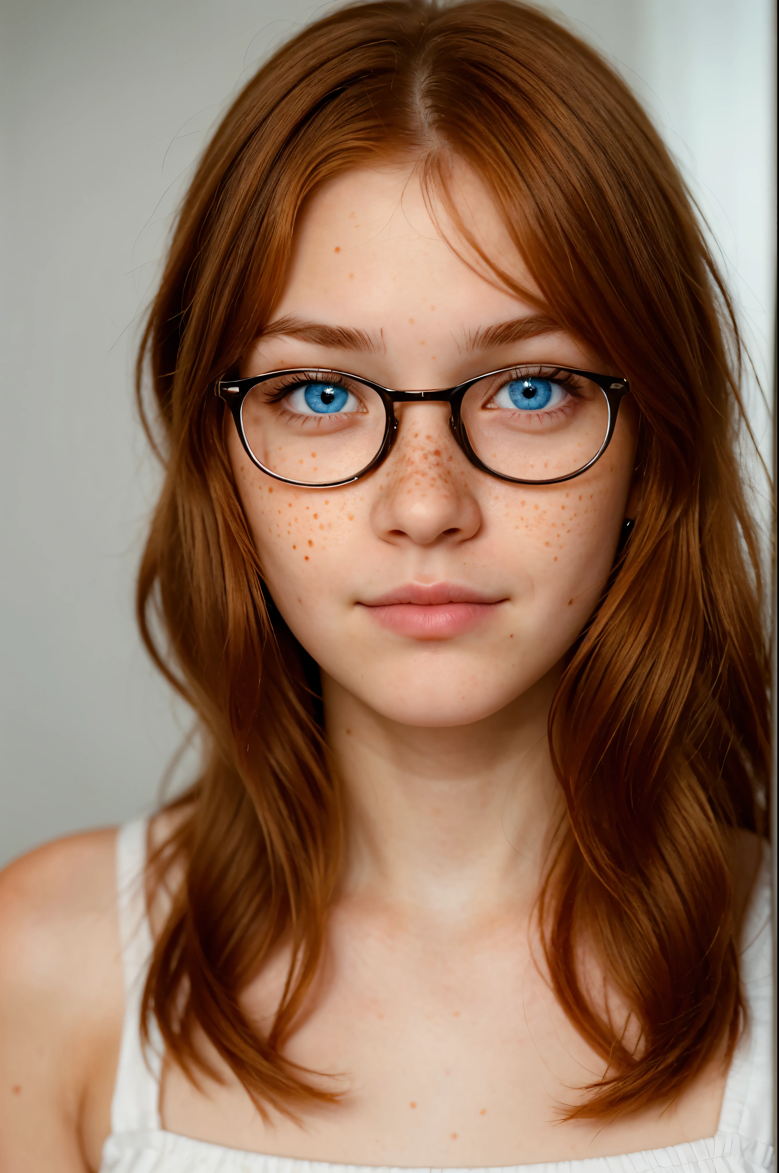 profissional, obra de arte, (8K Ultra HD), retrato hiperrealista de uma linda garota ruiva de 20 anos, vivid olhos, real olhos, perfeito_olhos, Cabelo longo, ruiva, Copos, (looking shy:1.3), sardas, rosto detalhado, pele detalhada, fotografia, sede, fotorrealista, Mais detalhes, altamente detalhado,