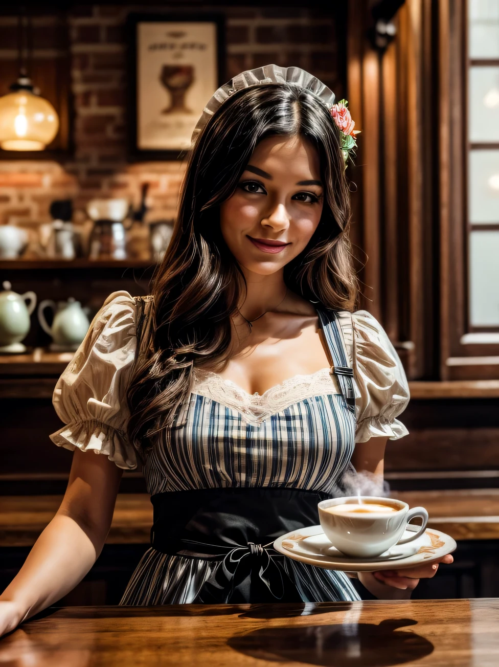 In a coffee shop, there is an enchanting demoness dressed as a maid, best quality, ultra-detailed, realistic:1.37, vivid colors, portraits, dark atmosphere, dim lighting, vintage decor, aromatic coffee, steam rising from cups, polished wooden furniture, delicate lace apron, silky black hair, red glowing eyes, seductive smile, elegant posture, pouring coffee gracefully, artistic espresso machine, handwritten menu, cozy ambiance, murmuring background conversations, clinking of coffee cups, decorative flower arrangements, barista's skillful latte art, tempting pastries on display, vintage china tea set, old-fashioned gramophone playing soft jazz, subtle scent of freshly brewed coffee, warm color tones, slight haze of coffee steam, stained glass windows casting colorful patterns, rich chocolate cake, delicate macarons, charming retro artwork on the walls, bustling but peaceful atmosphere, a slice of indulgence in each cup.