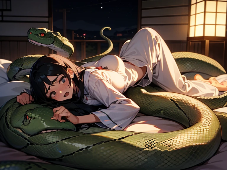 girl lays on a bed, 1girl, solo, breasts, ,black hair, long hair ,((lying on back)), (pajamas:1.0), white pajamas, (Background: Bedroom with tatami mats), on the bed sheet, lying, on back, (large breasts), flustered face, surprised face, confused, scared, panicking, (upset:1.0), open mouth, sweat, (snakes 1.5), (anaconda), (big snake), (snake tail),pretty girl, (looking up:1.0), night, steam, best quality,detailed,high resolution,
