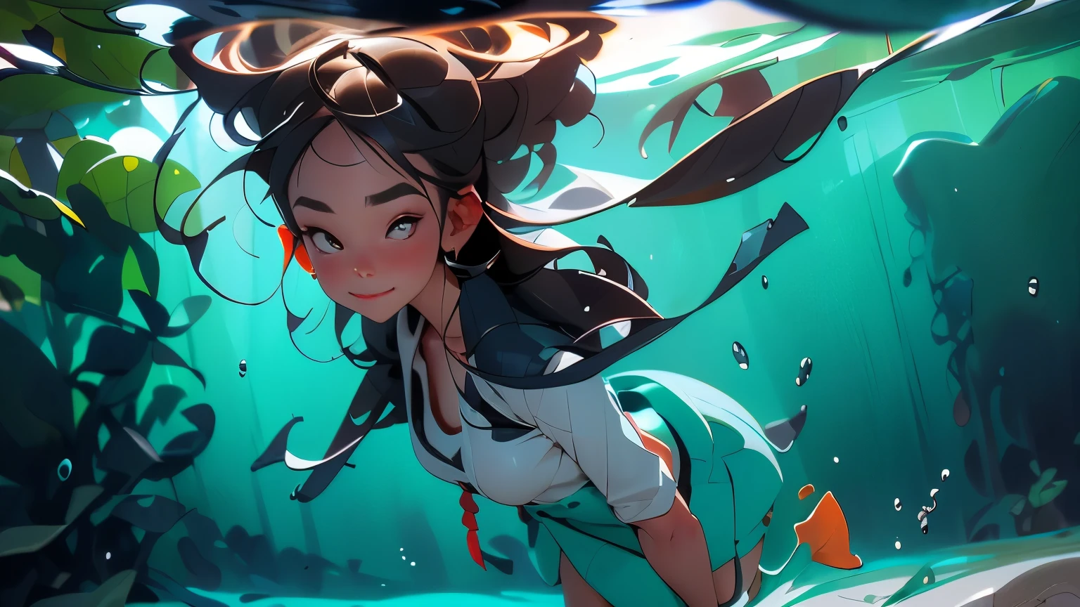 The girl is a diver for shells and pearls. Exotic, warm coral atoll. In an underwater scene, a very beautiful island girl collects shells in the coral reefs underwater. Bluewater, reflections of light from above penetrate through the water, air bubbles, and exotic - tropical underwater landscape. A girl - a diver in a realistic style, flexible - and graceful, with dark skin, and dark long hair developing in the water, dives headfirst for shells on the sandy bottom. Very positive exotic underwater scene - nude islander girl diver. She dives underwater, her hair is developing, there is a necklace on her neck, and there is a bag on a rope for treasure on her bare hips. Realistic visualization, in blue tones, light reflexes, coral atolls in the background (fish, crabs, malus, a variety of underwater tropical animals). High-detail textures, light reflections on the diver’s body, light refraction, and caustics. 8K, FUL HD, cinematic rendering, feature film., brown hair, quad drills, hair over shoulder, very long hair, hair spread out, hair beads, light smile, holding breath, Surrealism, Futurism, Romanticism, chiaroscuro, ray tracing, reflection light, backlighting, halftone, rounded corners, partially underwater shot, from below, wide shot, atmospheric perspective, high quality, highres, textured skin, anatomically correct, masterpiece, ccurate