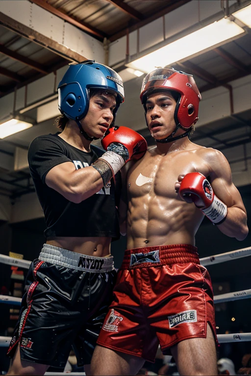 (original) , (very detailed wallpaper) , (best quality) , (masterpiece) , photographic reality, realistic, very detailed illustrations, (2 boys, 18 years old), Indonesians, (serious faces) , perfect detail, (best lighting) , (super complex details),
(Boxing guys) , amateur boxer, (boxing helmets on: 1.5), (aggressive punching to each other) , sweat, heavy breathing, (oppressive attack) , (boxing ring) , athletic shorts, protective boxing helmets on, perfect detail, boxing gloves on, perfect limbs, impact, (shiny skin) , abs, muscles, waistline,boxing shorts, no shirts, boxing fight, (super detailed CG: 1.2) , (8K: 1.2) , realistic, octane rendering
