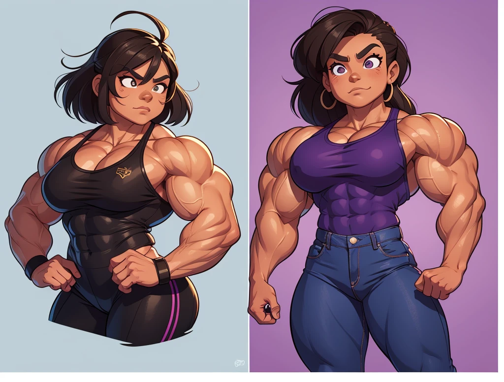 muscle girl with High cheekbones and a strong jawlineflexing muscles wearing purple muscle shirt and light blue jeans, her hair a rich chestnut brown, giving her a dynamic and youthful appearance, muscle woman, big muscles, huge muscles, massive muscles, muscle girl, bronze skin, Her facial features are a mix of determination and kindness, with expressive eyes that radiate a sense of adventure, As well as a striking Asian muscle woman with an imposing presence with facial features that are bold and determined, complemented by intense eyes that reflect both confidence and a hint of mischief. flexing muscles wearing red muscle shirt and black short shorts, her hair straight, jet-black flowing down her back, adding to the dynamic aura she carries, muscle woman, big muscles, huge muscles, massive muscles, muscle girl, light skin,