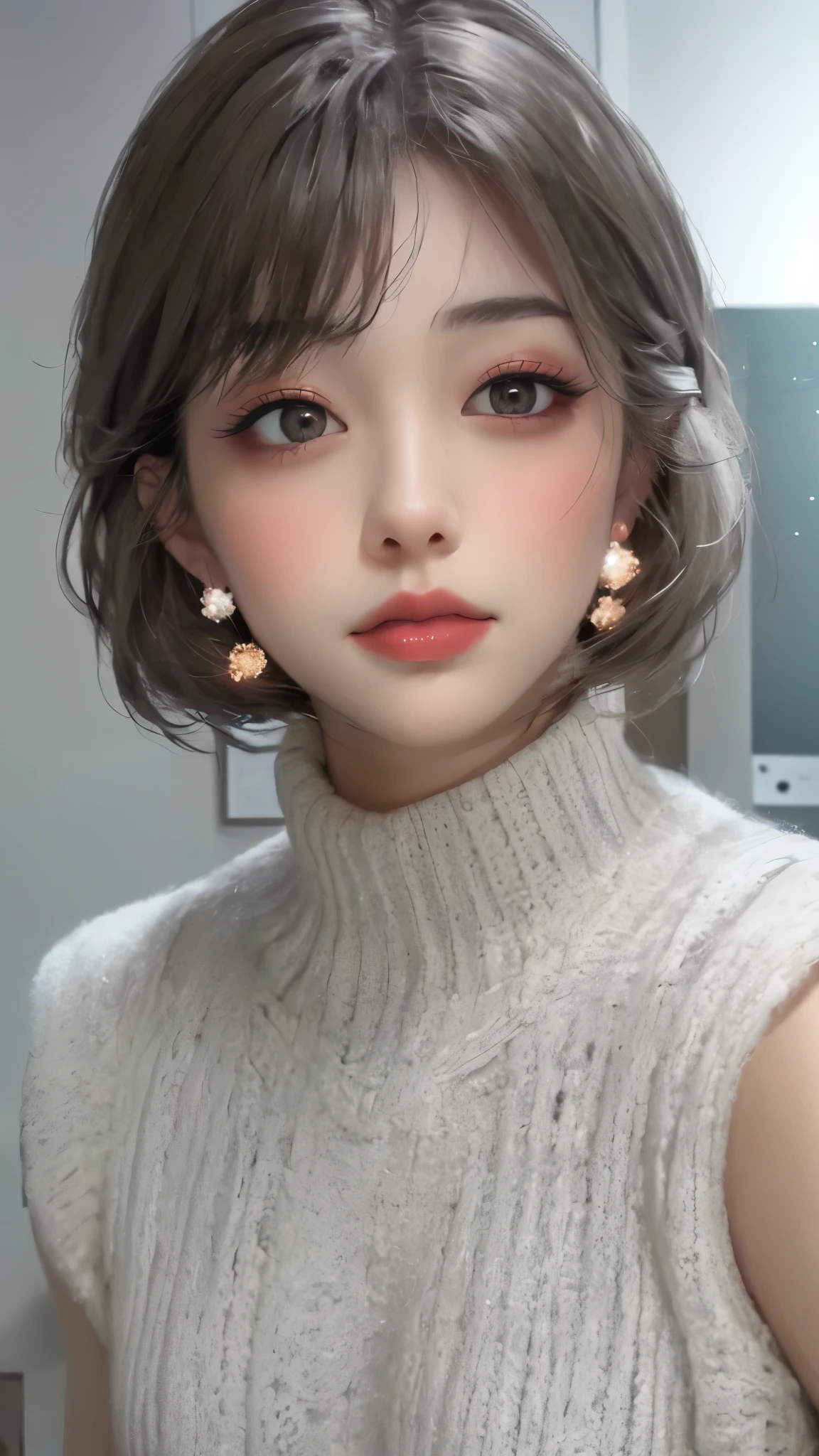 beautiful, (masterpiece:1.2), (best quality:1.2), perfect eyes, perfect face, perfect lighting, 1girl, grey sleeveless sweater, look at the viewer, (wide angle:0.8), white background, light particles,  