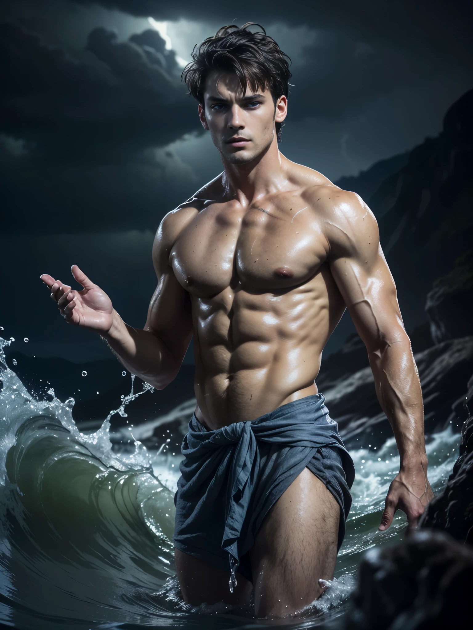 ((masterpiece)),((best quality)),8k, high detailed, ultra-detailed, Stylish Pose, real skin texture, dark cinematic lighting, 18-year-old italian male model, handsome, cute looking, divine look, powerful , (blue eyes:1.4), (god Poseidon:1.3), god of the seas, Neptune, godly, hydrokinesis, bending water, displaying the ability to manipulate water, creating massive waves and bend water:1.5), white pale skin, roman god physic, intense, (dry short hair:1.8), (dry short brown messy hair, strong jawline, masculine, muscular, defined fit body, hairless chest, shirtless, pantless, barechested, topples, barelegged, open sea, (under the water:1.4), sinister aesthetic, black storm clouds, lightning clouds, deep blue ocean waves, (night dark storm:1.6), barelegged, barefoot, antique cloth, antique linen spartan skirt, (sexy linen antique draped cloth:1.3),,,,,(dark background:1.5), dim light, dark atmosphere, cinematic lighting, Depth of field, award-winning photography, elegant, hyperrealistic, octane render, unreal, high definition, 8k resolution, highly detailed, 8k uhd, professional lighting, photon mapping, radiosity, physically-based rendering