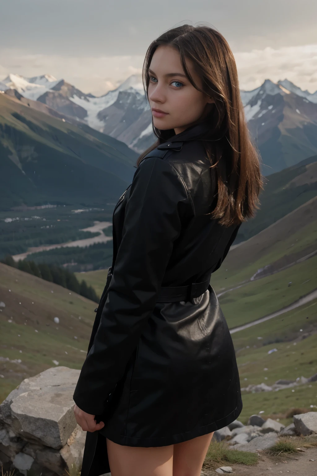 a prety nice looking girl with and blue eyes and black coat and a Jeans on the endge of a montain and the photo is taken from the behind