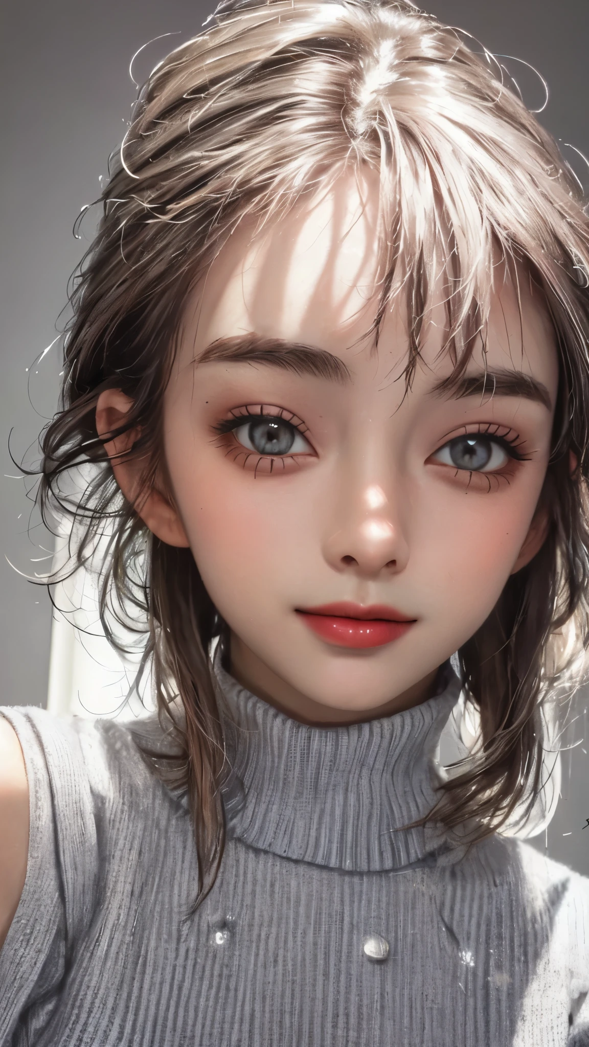 beautiful, (masterpiece:1.2), (best quality:1.2), perfect eyes, perfect face, perfect lighting, 1girl, grey sleeveless sweater, look at the viewer, (wide angle:0.8), white background, light particles, (large breasts)