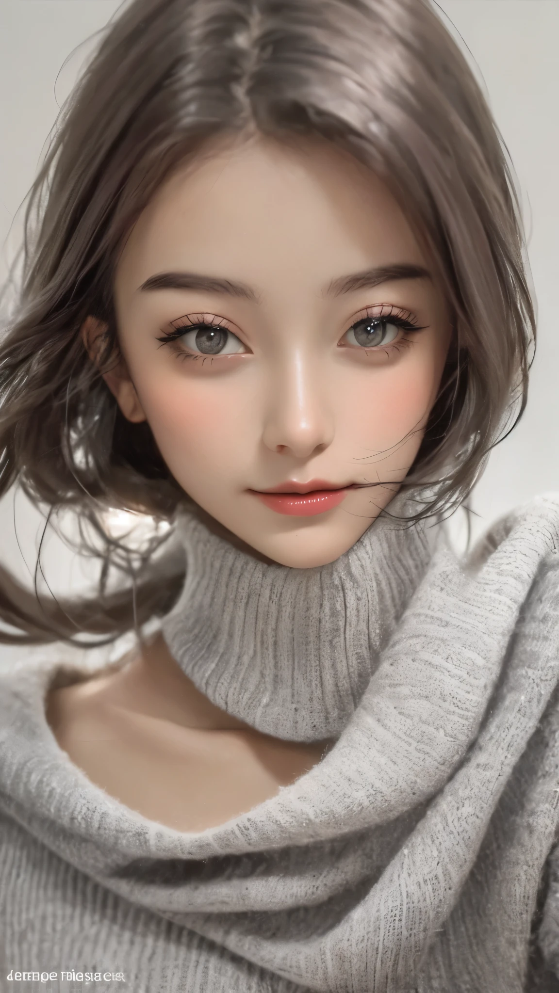 beautiful, (masterpiece:1.2), (best quality:1.2), perfect eyes, perfect face, perfect lighting, 1girl, grey sleeveless sweater, look at the viewer, (wide angle:0.8), white background, light particles,  