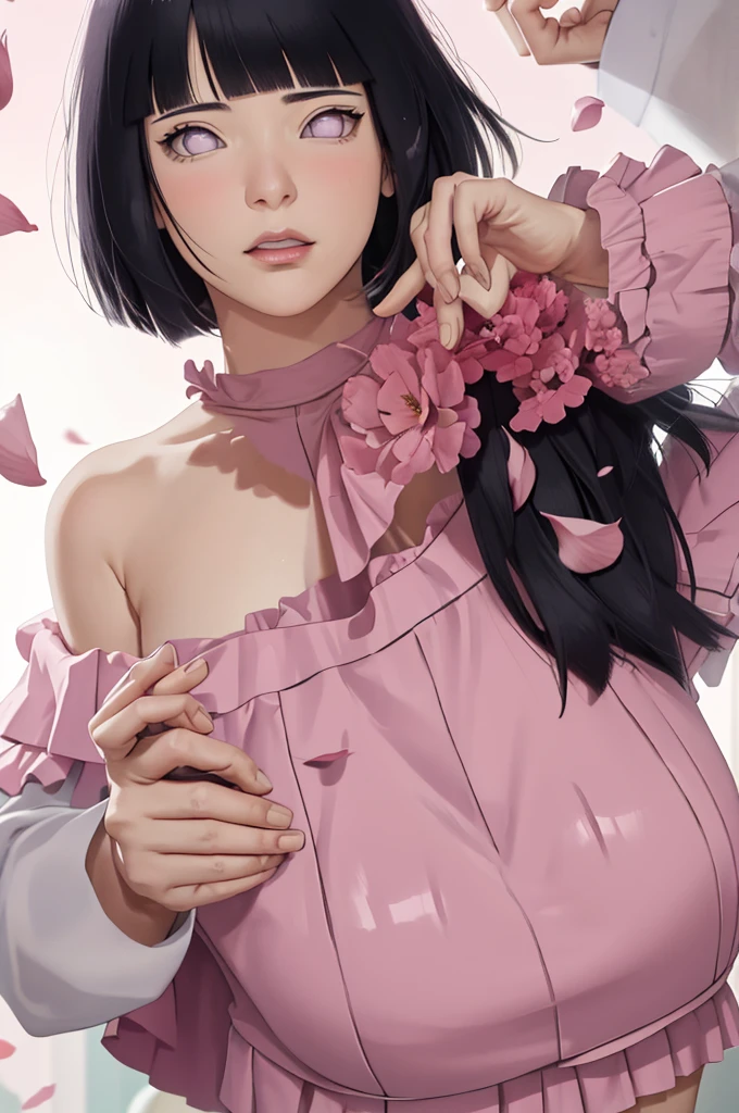masterpiece, absurdres, hinata\(boruto\), 1girl, solo,mature female, off-shoulder crop top, looking at viewer, (falling petals), perfect composition, detailed lips, big breast, beautiful face, body propotion, blush, (pink lips),medium hair, (black hair),  purple eyes,  soft gaze,  super realistic, detailed, photoshoot, realistic face and body, sexual expression, seductive expression,