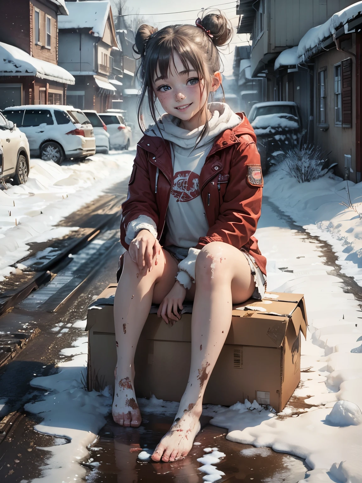 1 girl, young girl, short girl, very young, barefeet, red jacket, dirty, muddy, patches, stitches , ((white hairs)), realistic anime girl, double hair buns, smiling, snow covered streets, snow fall, ((barefeet)),sitting, boxes,freckles
