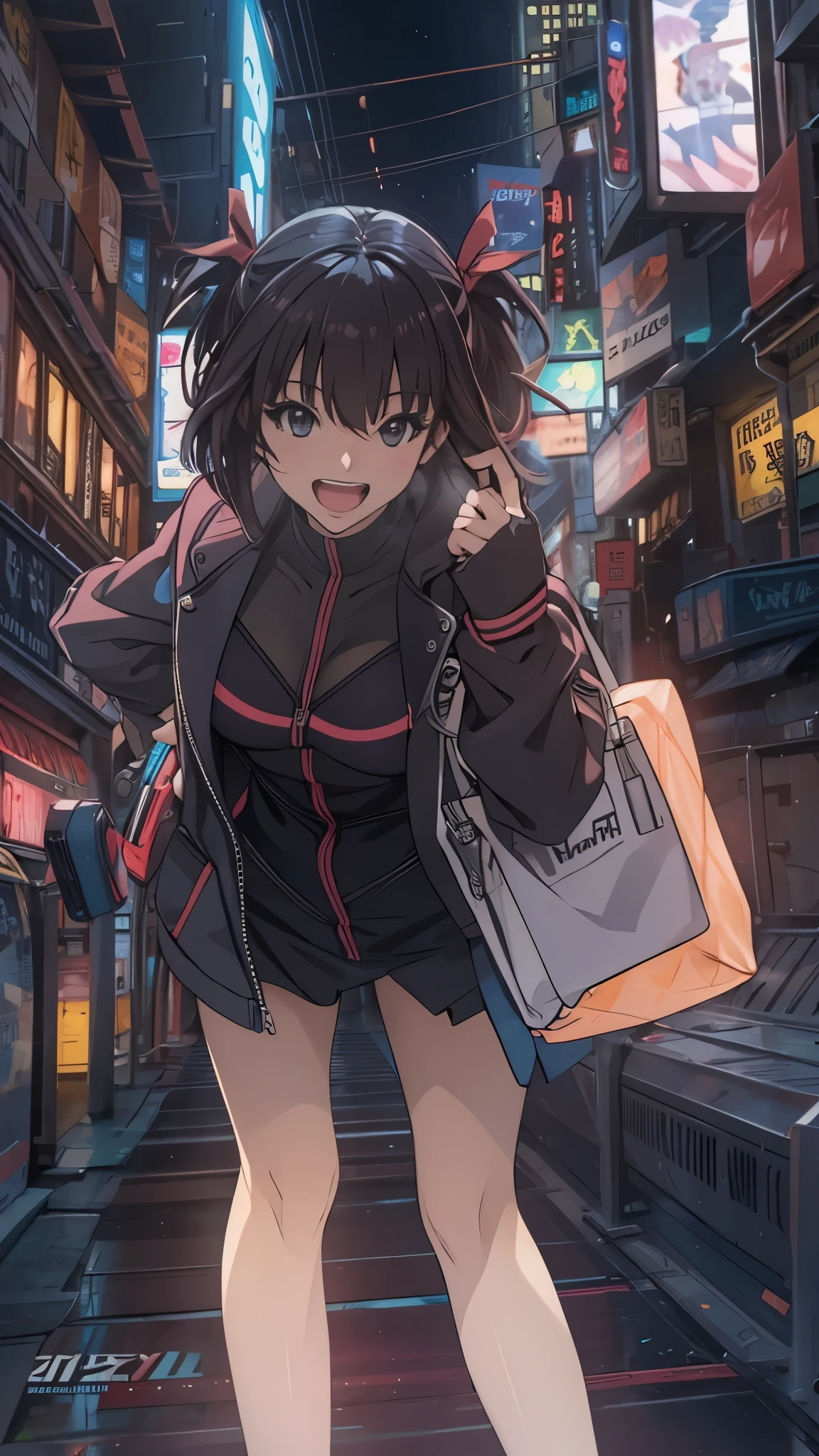 woman,20-year-old,,city,night,Fluorescent tight miniskirt bodysuit,(Harada Makoto),open mouth smile