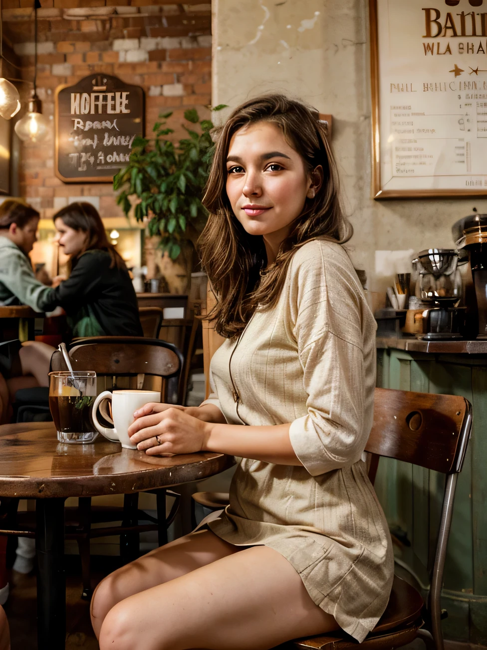 Araffe woman sitting at a table with a cup of coffee - SeaArt AI