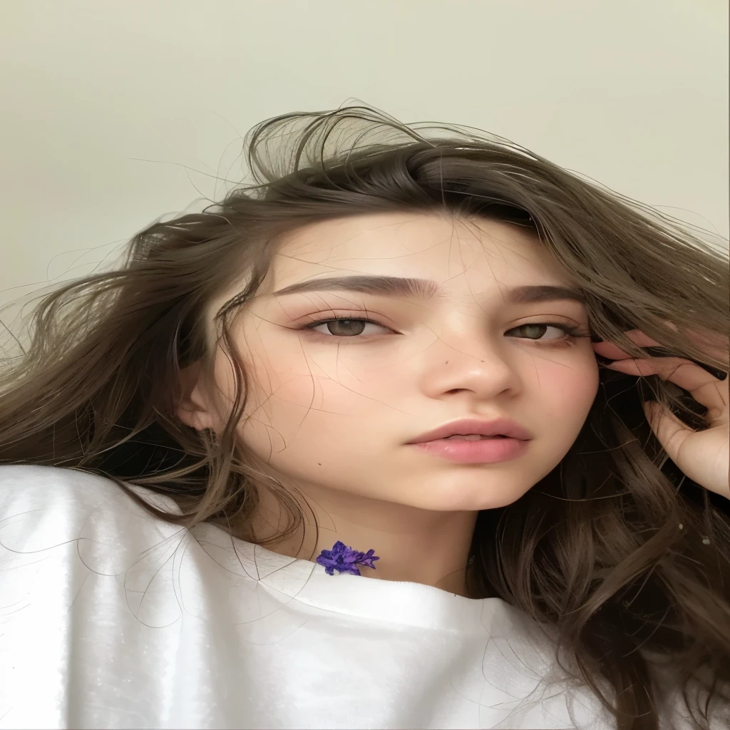mulher arafada com cabelo comprido e camisa branca segurando uma flor roxa, pale skin and green eyes, she parece uma mistura de sujeira, 🤤 retrato de menina, beautiful aesthetic face, Aesthetics of beautiful faces, parece uma mistura de sujeira, parece uma mistura de sujeira, pale round face, maquiagem pastel, Aesthetic portraiture, parecendo uma mistura de sujeira