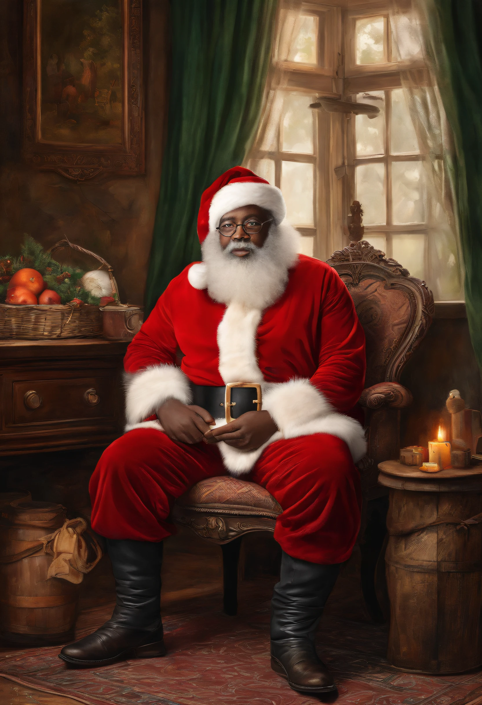 melhor qualidade, realista, photorealista, award-winning illustration, (detalhes intrincados: 1.2), (detalhe delicado), (detalhes intrincados), vintage afro black man as Santa Claus sitting looking at camera, a photorealista painting by Mac Conner, pexels, realismo, personagem, The man is wearing an old red outfit and overalls, The background is a Christmas aesthetic painting , creating a contrast between the realista and the artistic elements of the image,8k