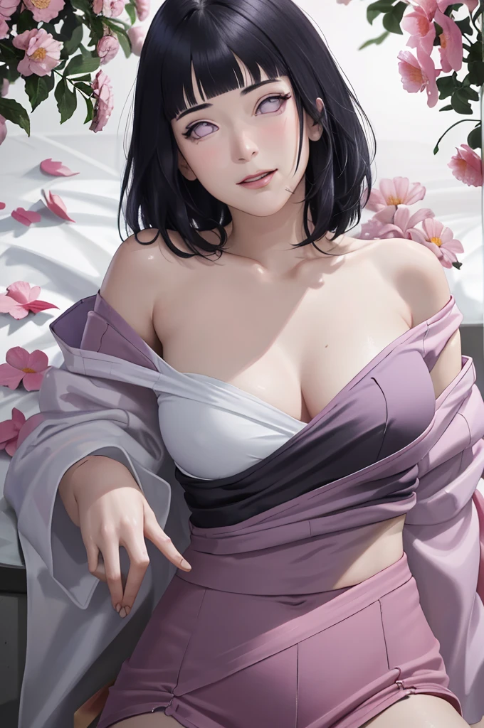 masterpiece, absurdres, hinata\(boruto\), 1girl, solo,mature female, off-shoulder crop top, looking at viewer, (falling petals), perfect composition, detailed lips, big breast, beautiful face, body propotion, blush, (pink lips),medium hair, (black hair),  purple eyes,  soft gaze,  super realistic, detailed, photoshoot, realistic face and body, sexual expression, seductive expression, smile with your mouth closed