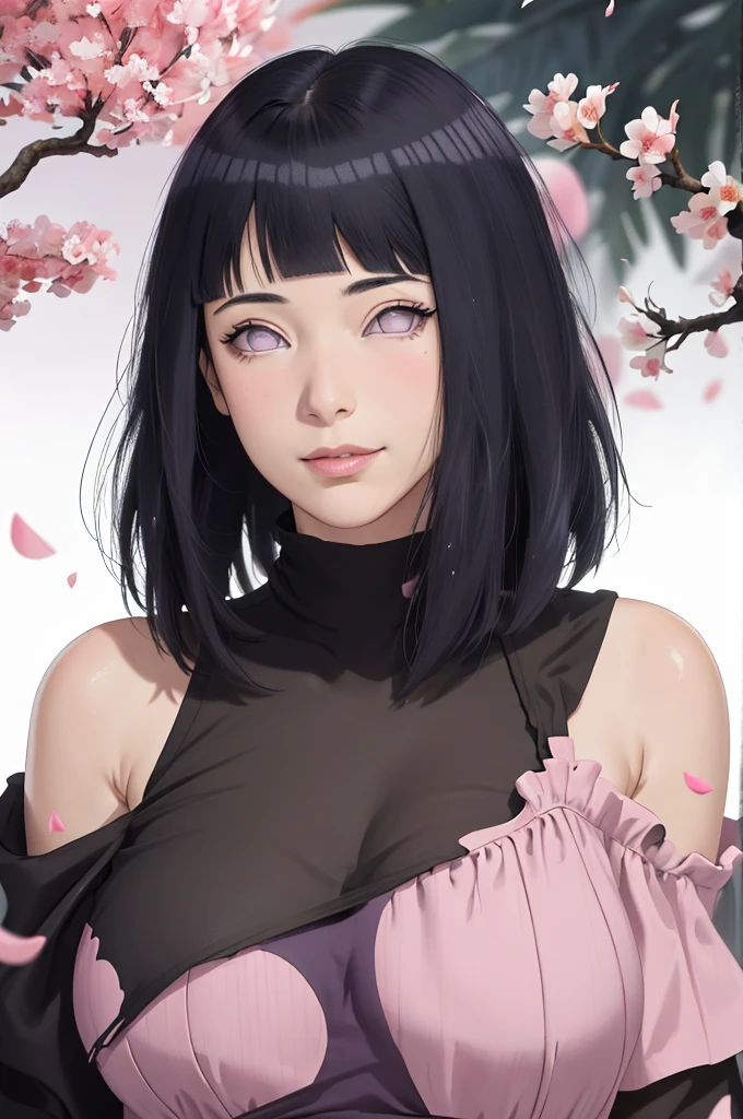 masterpiece, absurdres, hinata\(boruto\), 1girl, solo,mature female, off-shoulder crop top, looking at viewer, (falling petals), perfect composition, detailed lips, big breast, beautiful face, body propotion, blush, (pink lips),medium hair, (black hair),  purple eyes,  soft gaze,  super realistic, detailed, photoshoot, realistic face and body, sexual expression, seductive expression, smile with your mouth closed