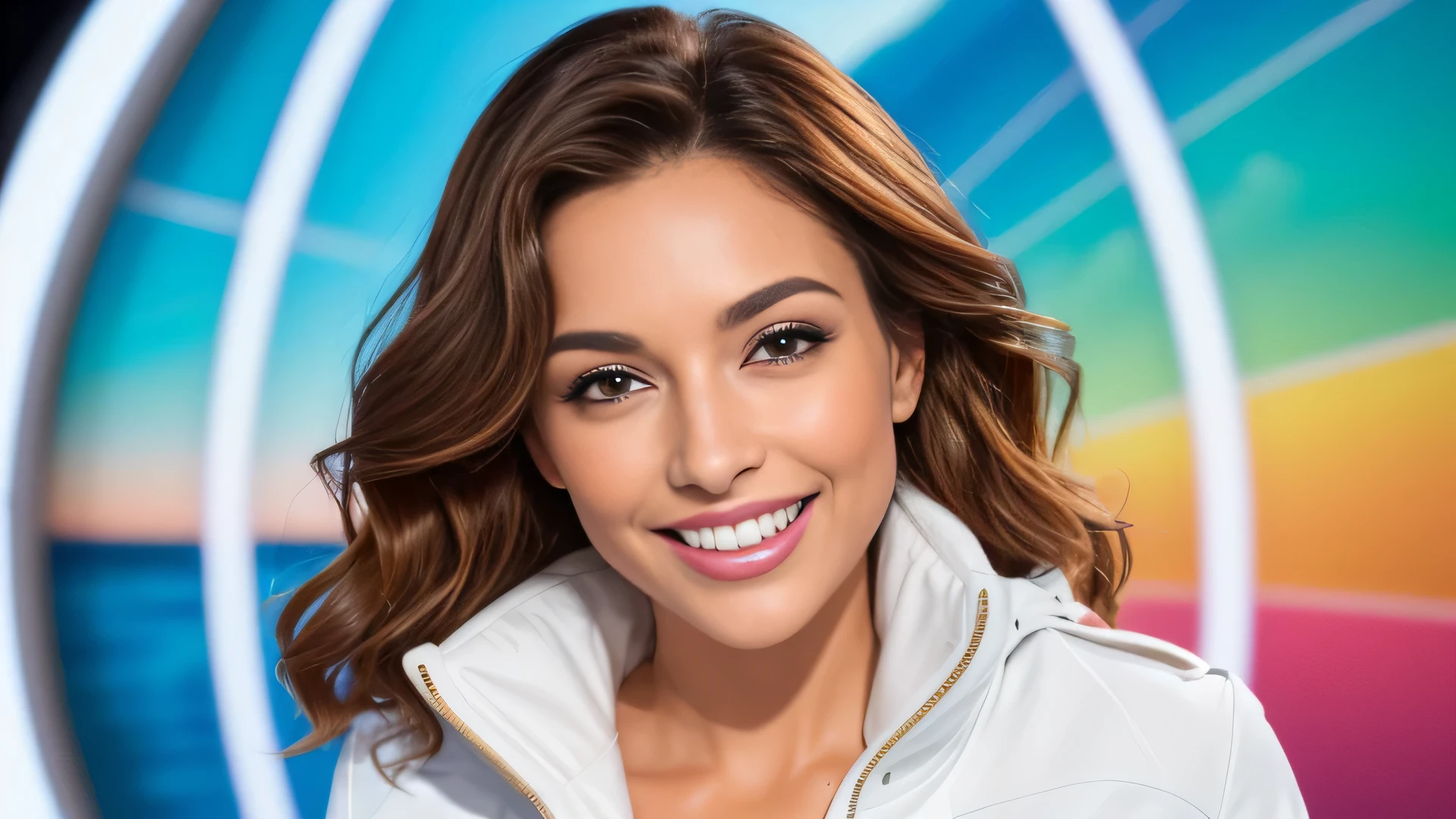 (obra de arte, 4k, Attractive television presenter, expressivo, cativante, rosto sedutor, Casaco softshell branco, wavy brown hair cascading down to her shoulders, Lindo, grande, expressivo hazel eyes shining with happiness, lips curved in a shine, sorriso radiante, boca aberta revelando dentes perfeitamente brancos, corpo esguio e tonificado, in a vibrant and colorful television studio environment)
This 4k masterpiece showcases an alluring television presenter, whose cativante and rosto sedutor radiates charm and beauty. With March