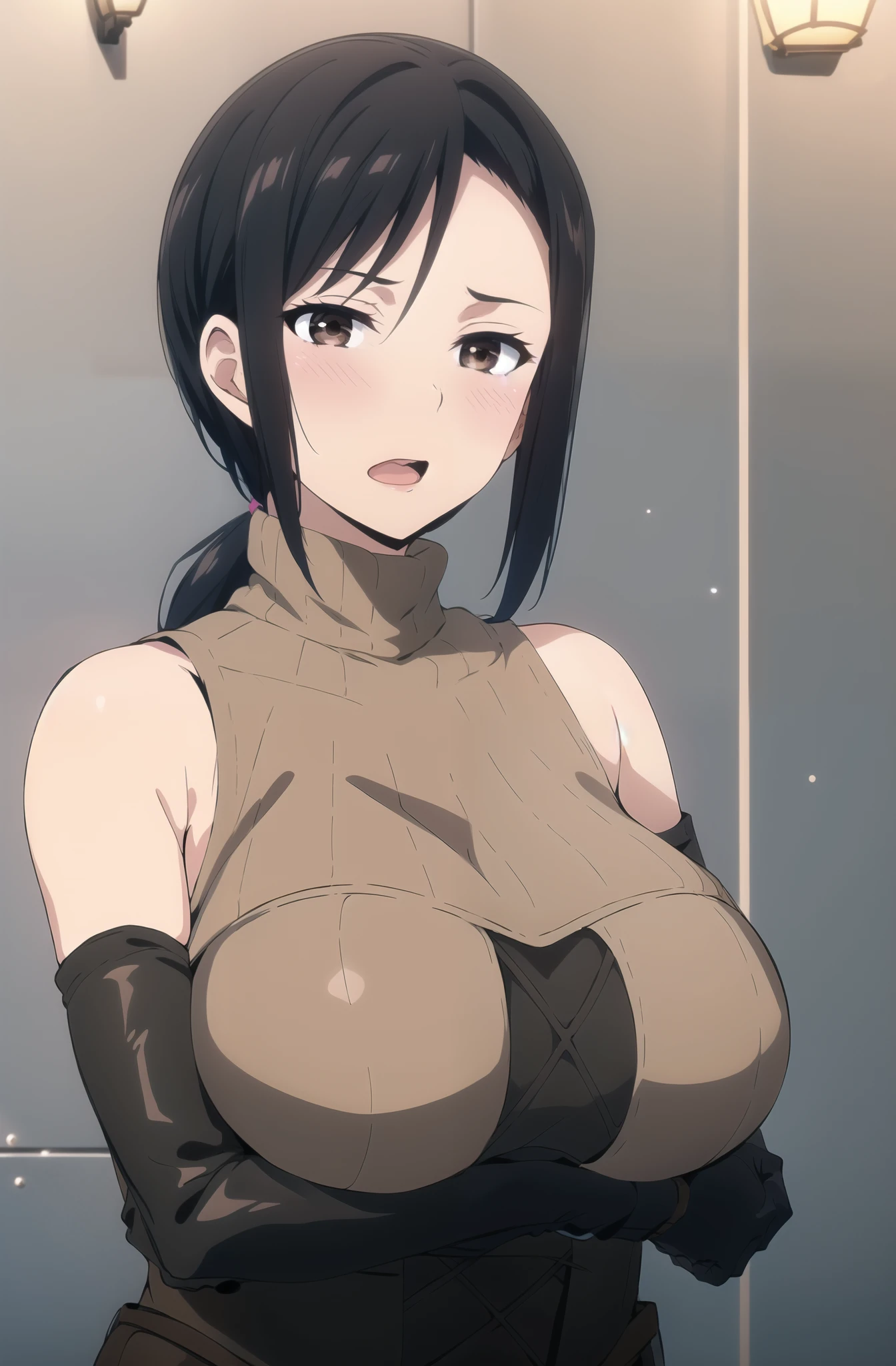 master piece, aroused, in heat, blush, 1girl, solo, long hair, looking at viewer, blush, , huge breasts, stone wall, jail, , background, black hair, gloves, bare shoulders, brown eyes, breast corset, opened mouth, upper body, ponytail, mature eyes, sleeveless, black gloves, elbow gloves, sweater, hand on breast, , turtleneck, low ponytail, leather corset,