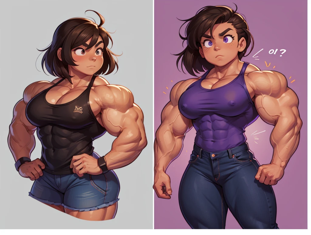 muscle girl with High cheekbones and a strong jawlineflexing muscles wearing purple muscle shirt and light blue jeans, her hair a rich chestnut brown, giving her a dynamic and youthful appearance, muscle woman, big muscles, huge muscles, massive muscles, muscle girl, bronze skin, Her facial features are a mix of determination and kindness, with expressive eyes that radiate a sense of adventure, As well as a striking Asian muscle woman with an imposing presence with facial features that are bold and determined, complemented by intense eyes that reflect both confidence and a hint of mischief. flexing muscles wearing red muscle shirt and black short shorts, her hair straight, jet-black flowing down her back, adding to the dynamic aura she carries, muscle woman, big muscles, huge muscles, massive muscles, muscle girl, light skin,