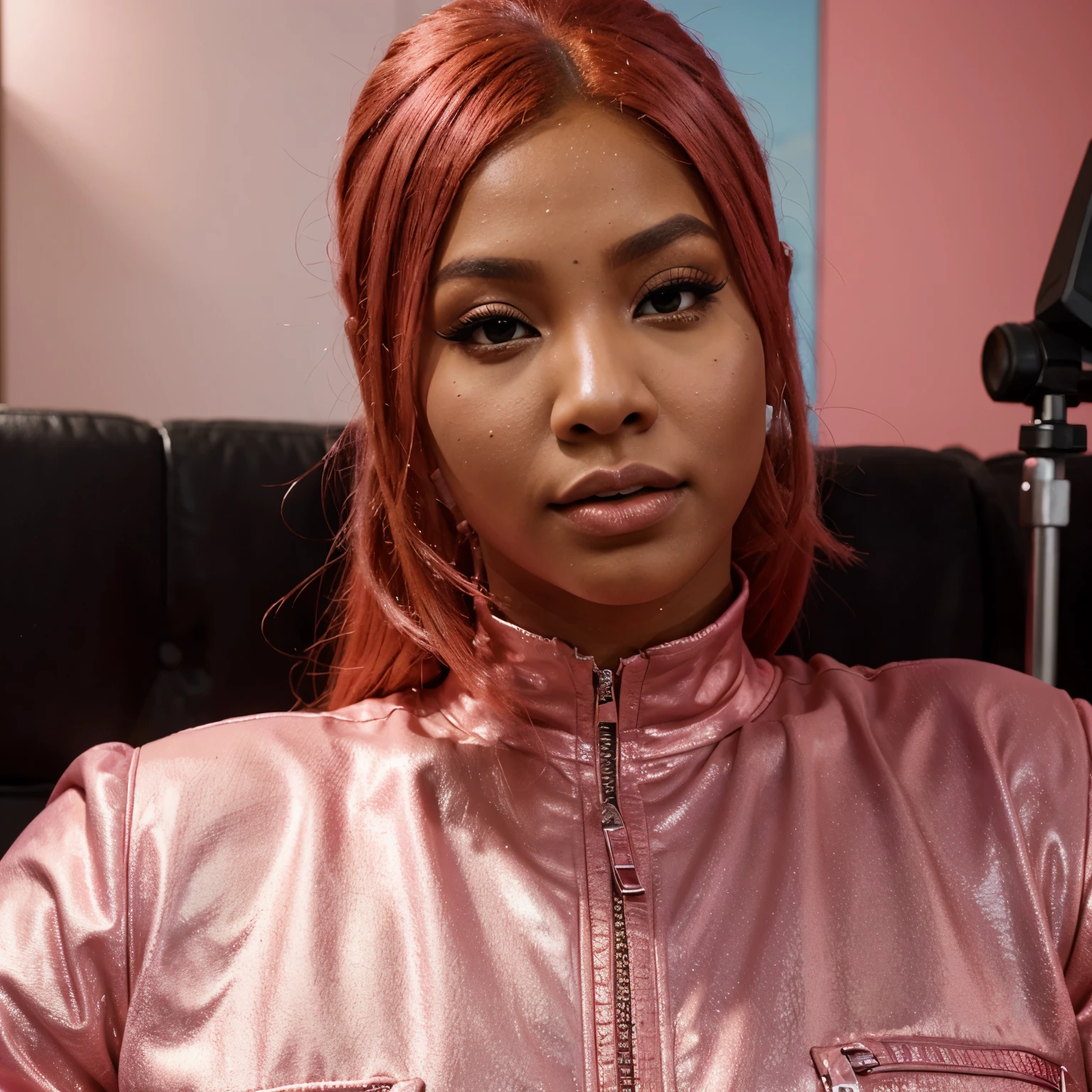 Nicki Minaj in an interview with pink and red hair daydreaming about a guy