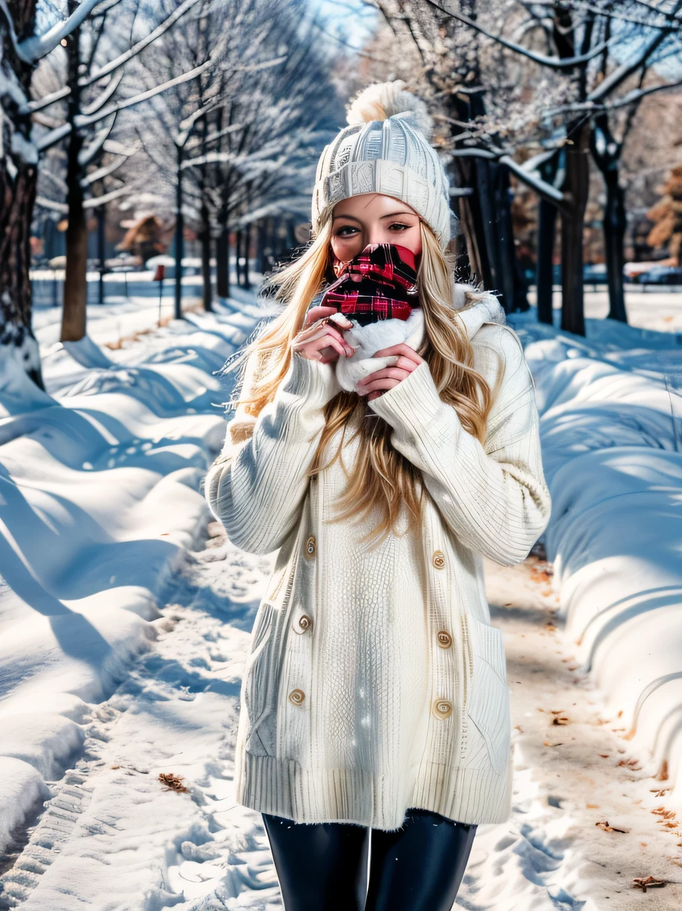 A whimsical photoshoot unfolds in a serene, frozen park, featuring a blonde girl in an adorable winter outfit. Dressed in a cozy knit sweater, a stylish beanie, and warm leggings, she walks along a snow-covered path lined with frosted trees. The crisp winter air creates a magical atmosphere as the girl's breath mingles with the cold. The soft sunlight filtering through the snow-laden branches adds a touch of warmth to the wintry scene. Photography, captured with a DSLR using a 50mm lens at f/2.8, focusing on the charming details of the girl's outfit and the enchanting winter landscape
