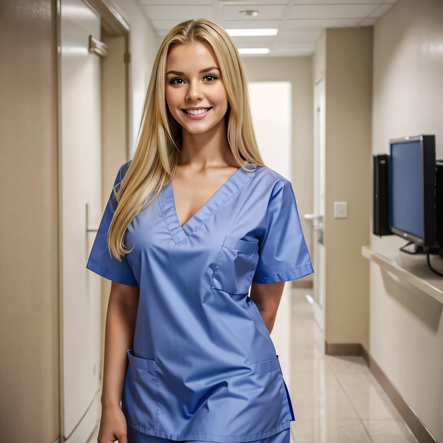 hyper-realistic photo of a beautiful blonde female named Madison Taylor, detailed symmetrical thin face, blonde hair, perfect body, big breasts, wearing a nurses uniform, at a hospital, full length body, ((laughing hyserically))
