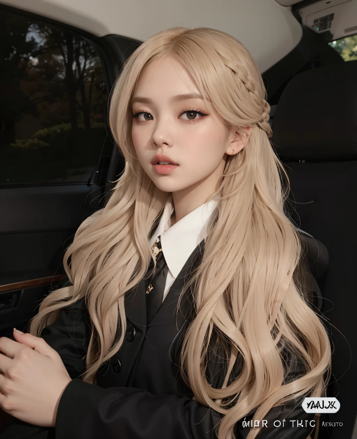 mujer rubia con el pelo largo en un coche vistiendo un traje negro, CL, con pelo largo y rubio, parque roseanne de blackpink, con pelo largo y blanco, retrato de jossi de blackpink, con el pelo largo y blanco, pelo largo y rubio y ojos grandes, maquillaje popular de corea del sur, pelo largo y rubio y ojos grandes, ava max, su cabello es blanco, TaeJune Kim