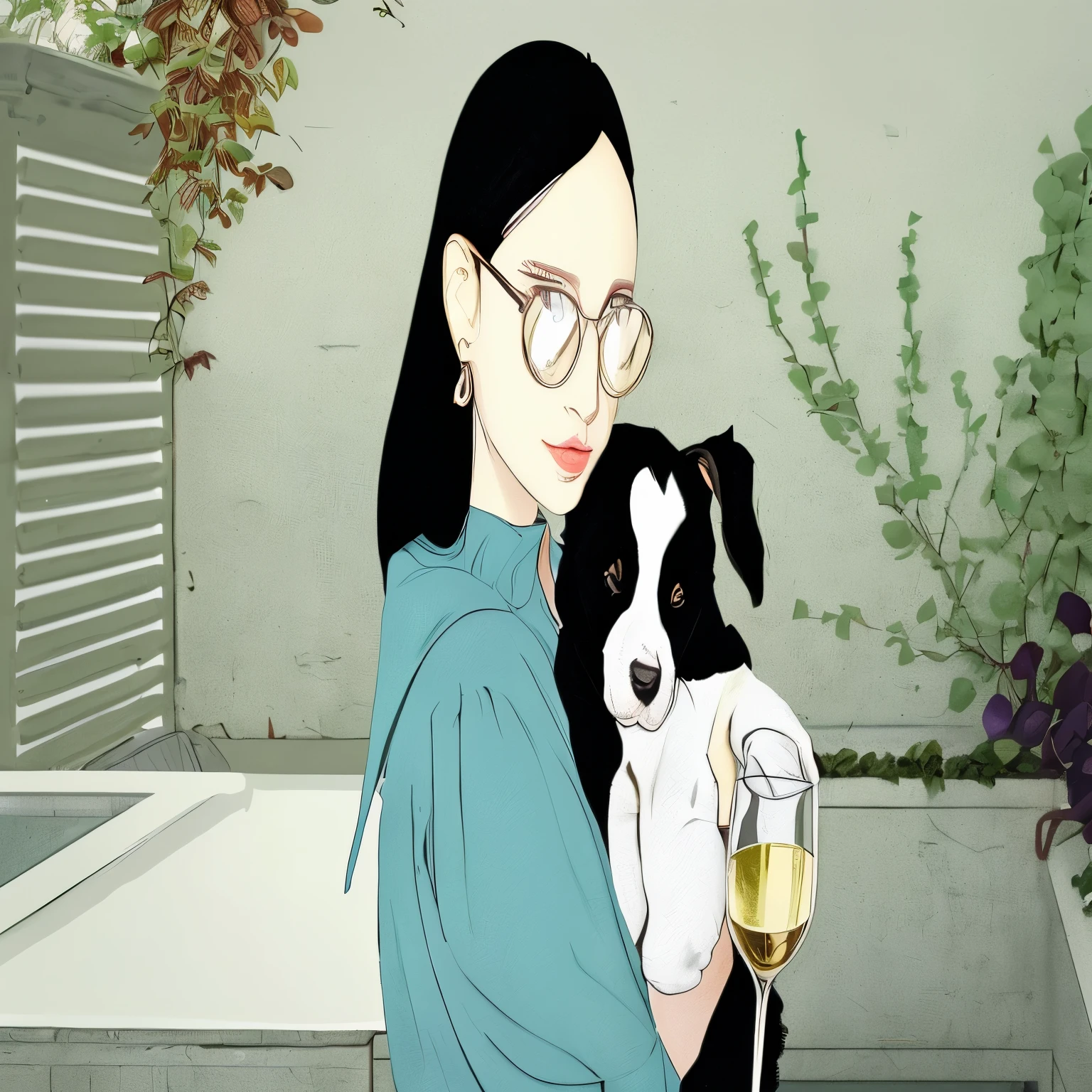 girl, dark hair, glass of white wine, gordon saetter puppy