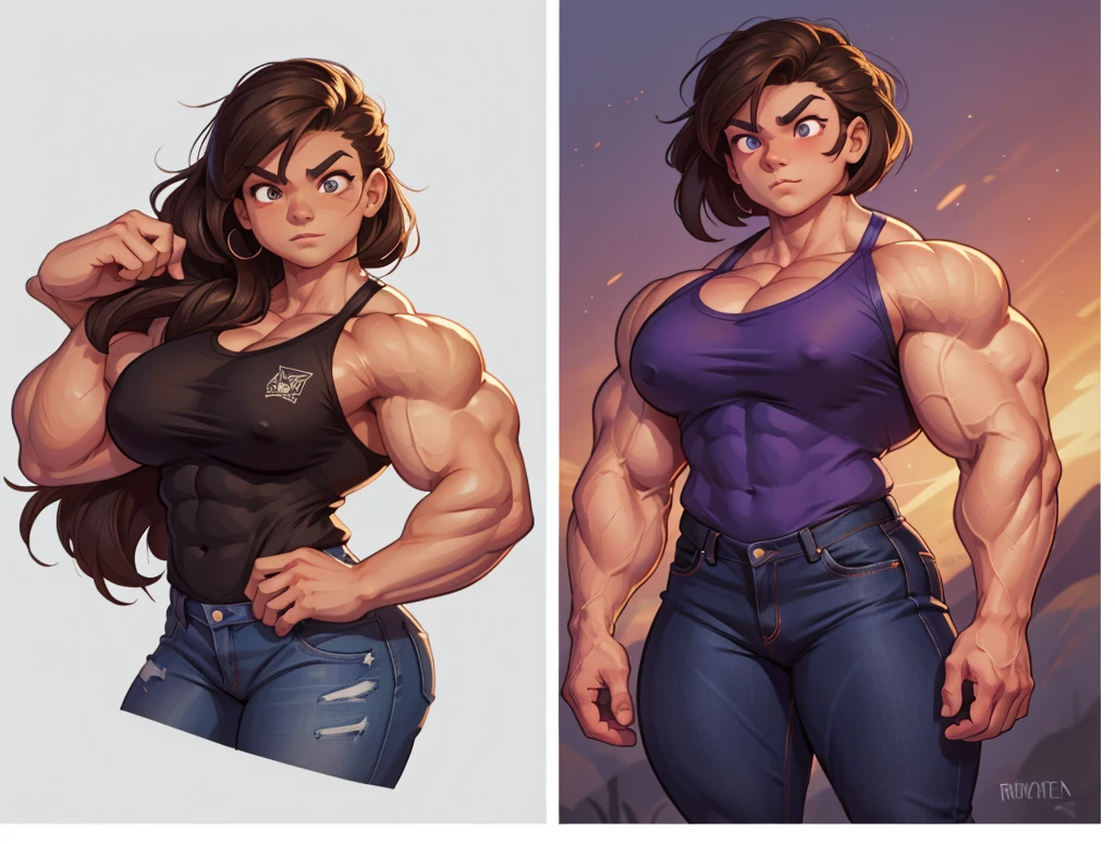 muscle girl with High cheekbones and a strong jawlineflexing muscles wearing purple muscle shirt and light blue jeans, her hair a rich chestnut brown, giving her a dynamic and youthful appearance, muscle woman, big muscles, huge muscles, massive muscles, muscle girl, bronze skin, Her facial features are a mix of determination and kindness, with expressive eyes that radiate a sense of adventure, As well as a striking Asian muscle woman with an imposing presence with facial features that are bold and determined, complemented by intense eyes that reflect both confidence and a hint of mischief. flexing muscles wearing red muscle shirt and black short shorts, her hair straight, jet-black flowing down her back, adding to the dynamic aura she carries, muscle woman, big muscles, huge muscles, massive muscles, muscle girl, light skin,