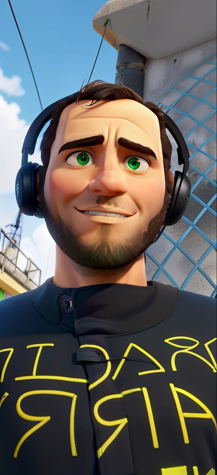 Homem meia idade olhos verdes, fone de ouvido, camisa preta com escrita amarela, Blue sky background