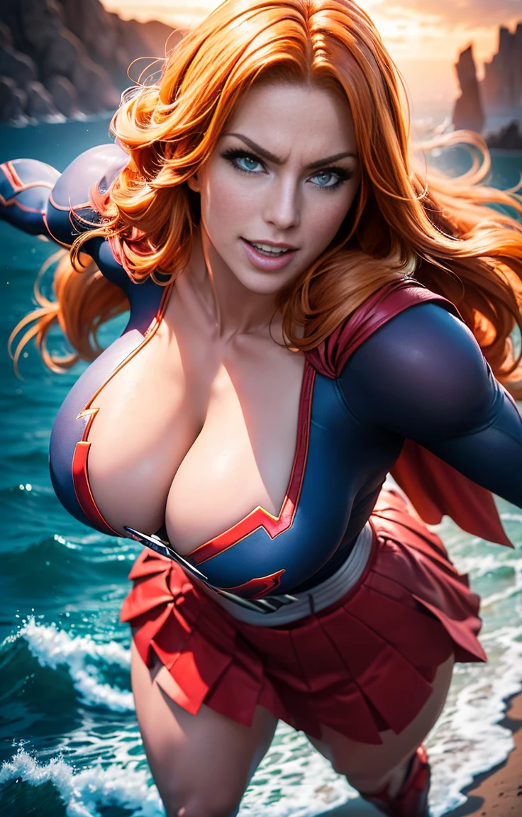 Rangiku bleach, sorrindo, pinta preta encima da boca, foto de corpo inteiro , bonita do mais alto grau baseada na personagem rangiku extremely high quality, A mais alta qualidade de imagem, Top resolution, Fotos RAW, Foto Realista, ultra detalhado e bonito, Detalhes mais altos, Pele clara bonita, (seios grandes, seios aparente, Supergirl, capa vermelha, S do super-homem no peito, blue swimsuit, Red skirt, botas vermelhas, olhos pretos brilhantes, cabelos longos, cabelo loiro, arte digital, 4k, detalhes perfeitos, hipnotizantes, feito profissionalmente, beautiful vector illustration, 12k resolution, ..3d, ((altamente detalhado)), best quality, 4k, 8k, Altas, master part:1.2), (Realistic, fotorrealista, photo-realistic:1.37)