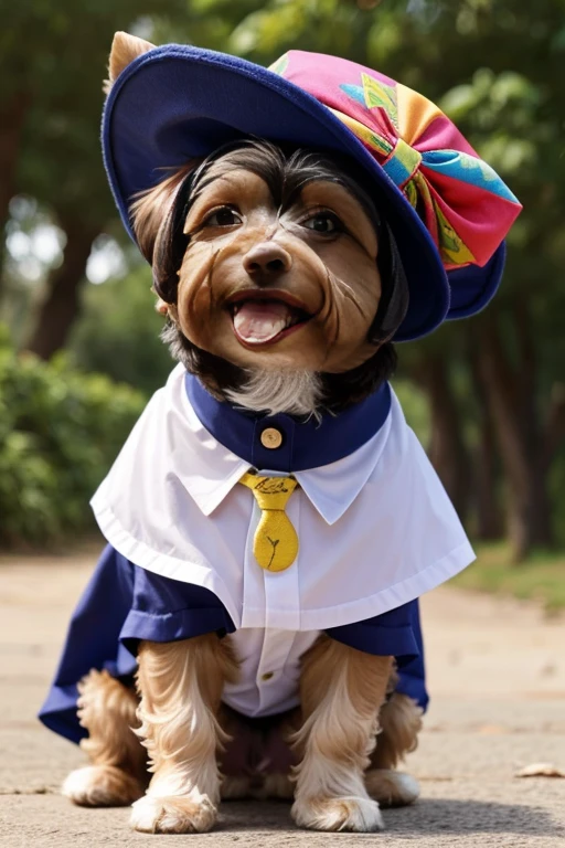 Dog with expression of happiness when seeing his owner, Dog with open mouth, Yorkshire Terrier breed dog, cute maltese posing for a photo wearing cute clothes, fofo usando vestido fofo de princesa, luxurious hat, ties, bandanas, vestido, Cores fofas, children's clothing colors for dogs. low angle view, eye level shot (virilha),Just huge morbid thighs, gordinhas, extremamente grossas;,work-rhyme, melhor qualidade, (vista frontal), (vista da minhoca'olhos), perspectiva do olho do minhoca, low angle.
