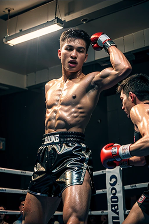 (original) , (very detailed wallpaper) , (best quality) , (masterpiece) , photographic reality, realistic, very detailed illustrations, (2 boys, 18 years old) , Indonesians, (serious faces) , perfect detail, (best lighting) , (super complex details) ,
(Professional boxing boys) , (boxing helmets on: 1.3), (aggressive punching to each other) , sweat, heavy breathing, (oppressive attack) , (boxing ring) , athletic shorts, perfect detail, boxing gloves on, perfect limbs, impact, (shiny skin) , abs, muscles, waistline,boxing shorts, realistic boxing fight, (super detailed CG: 1.2) , (8K: 1.2) , realistic, octane rendering
