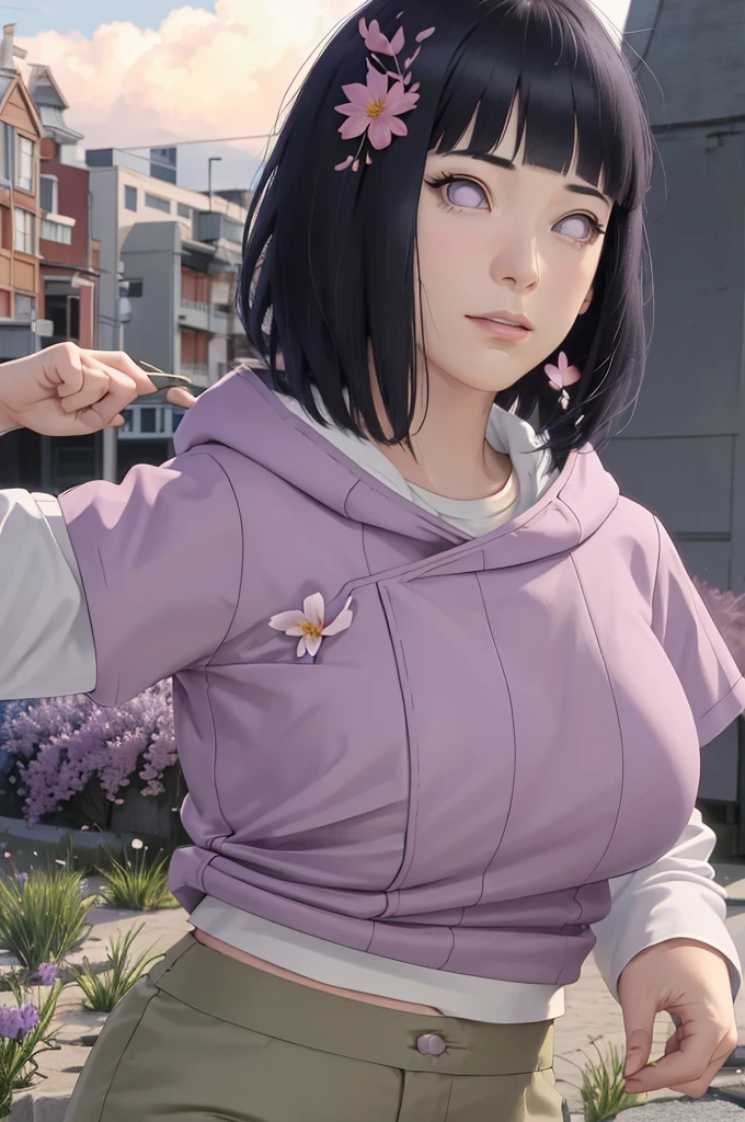masterpiece, absurdres, hinata\(boruto\), 1girl, solo,mature female, purple hoodie,layered sleeves, brown pants, outdoors,lavender flower field, looking at viewer, (falling petals), cloudy sky, perfect composition, detailed lips, big breast, beautiful face, body propotion, blush, (pink lips), medium hair, (black hair) ,purple eyes, soft gaze, sad smile, super realistic, detailed, photoshoot, realistic face and body, realistic hair, realistic eyes, realistic nose, realistic lips