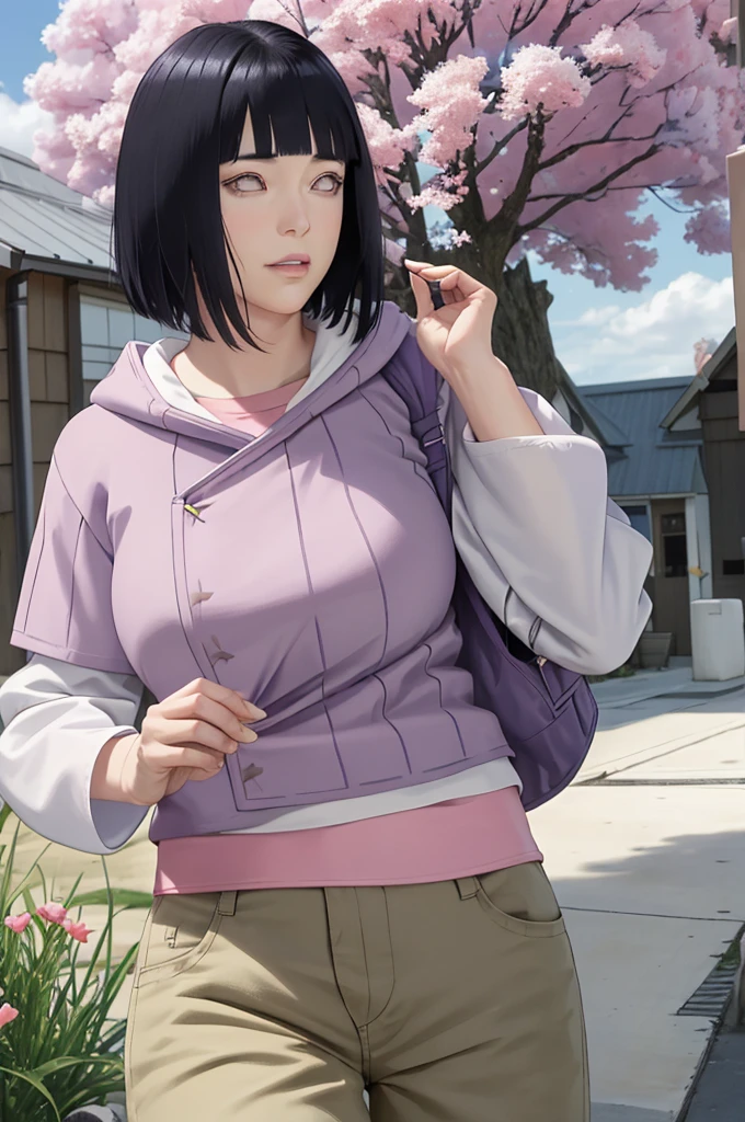 masterpiece, absurdres, hinata\(boruto\), 1girl, solo,mature female, purple hoodie,layered sleeves, brown pants, outdoors,lavender flower field, looking at viewer, (falling petals), cloudy sky, perfect composition, detailed lips, big breast, beautiful face, body propotion, blush, (pink lips), medium hair, (black hair) ,purple eyes, soft gaze, sad smile, super realistic, detailed, photoshoot, realistic face and body, realistic hair, realistic eyes, realistic nose, realistic lips