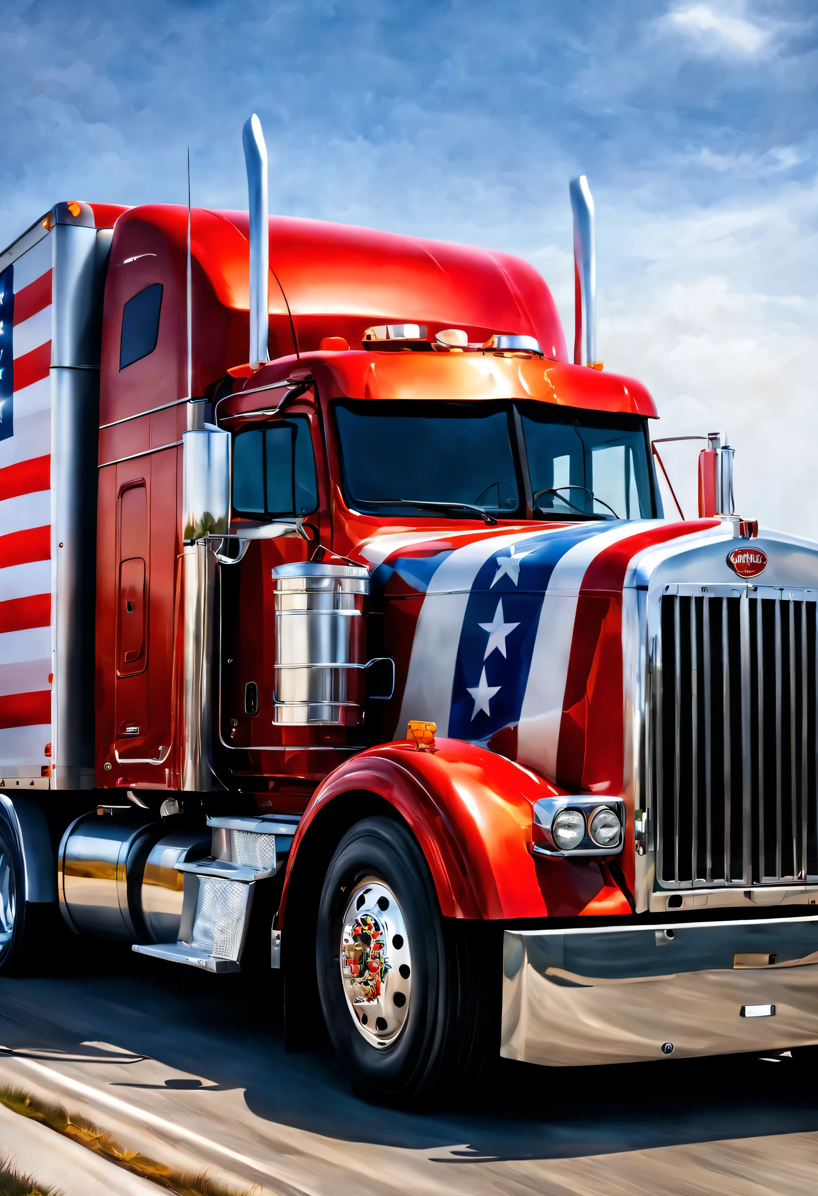 Peterbilt truck with american pride on the side, ((patriotic)), realistic paint job, detailed airbrush art, (((semi truck amazing art))), airbrush art, by Brian Thomas, a full-color airbrushed, stunning artwork, realistic artwork, by Tony Sart, by Drew Tucker, extremely high detail!!, insanely highly detailed artwork, very hyperrealistic