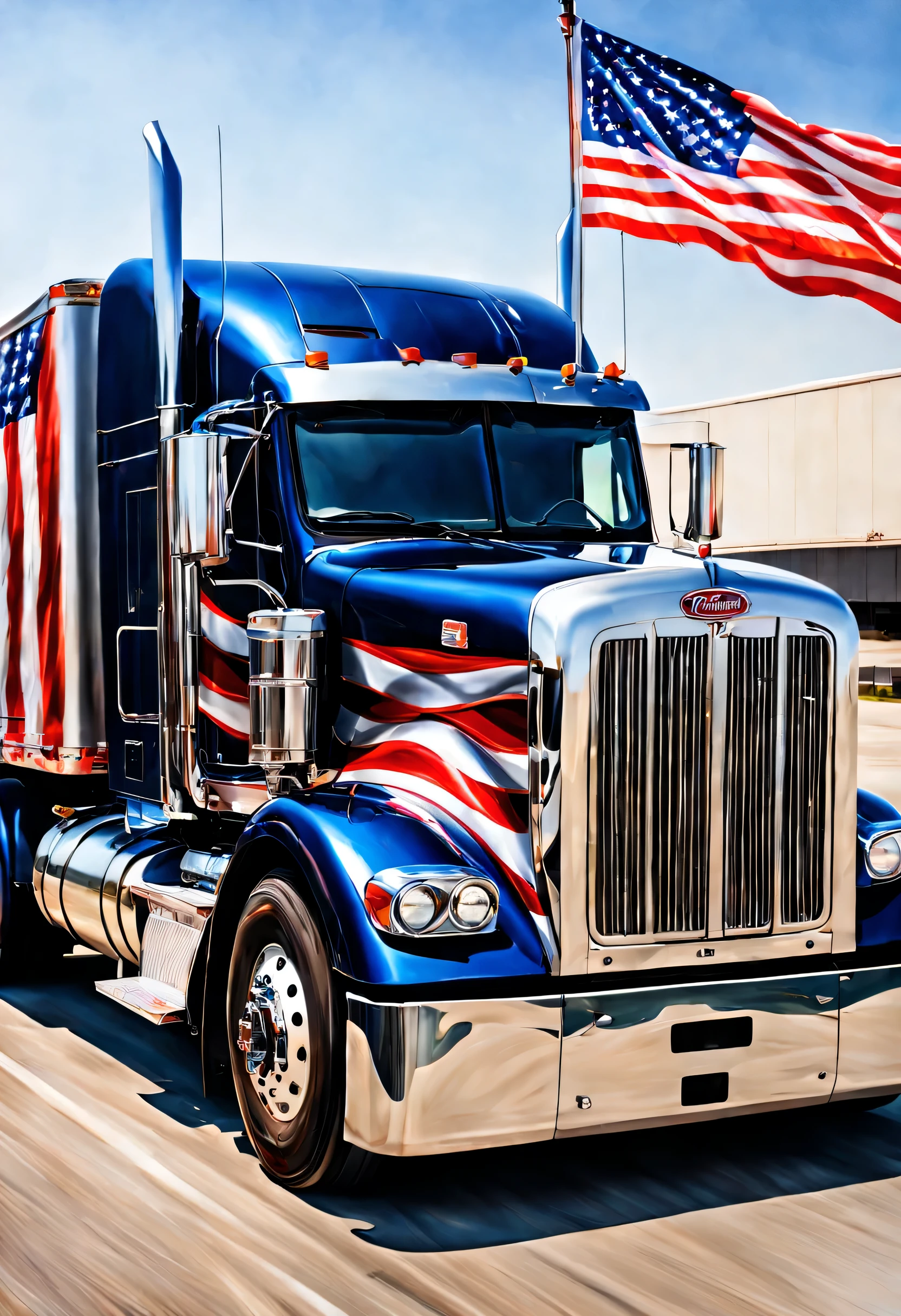 Peterbilt truck with american pride on the side, ((patriotic)), realistic paint job, detailed airbrush art, (((semi truck amazing art))), airbrush art, by Brian Thomas, a full-color airbrushed, stunning artwork, realistic artwork, by Tony Sart, by Drew Tucker, extremely high detail!!, insanely highly detailed artwork, very hyperrealistic