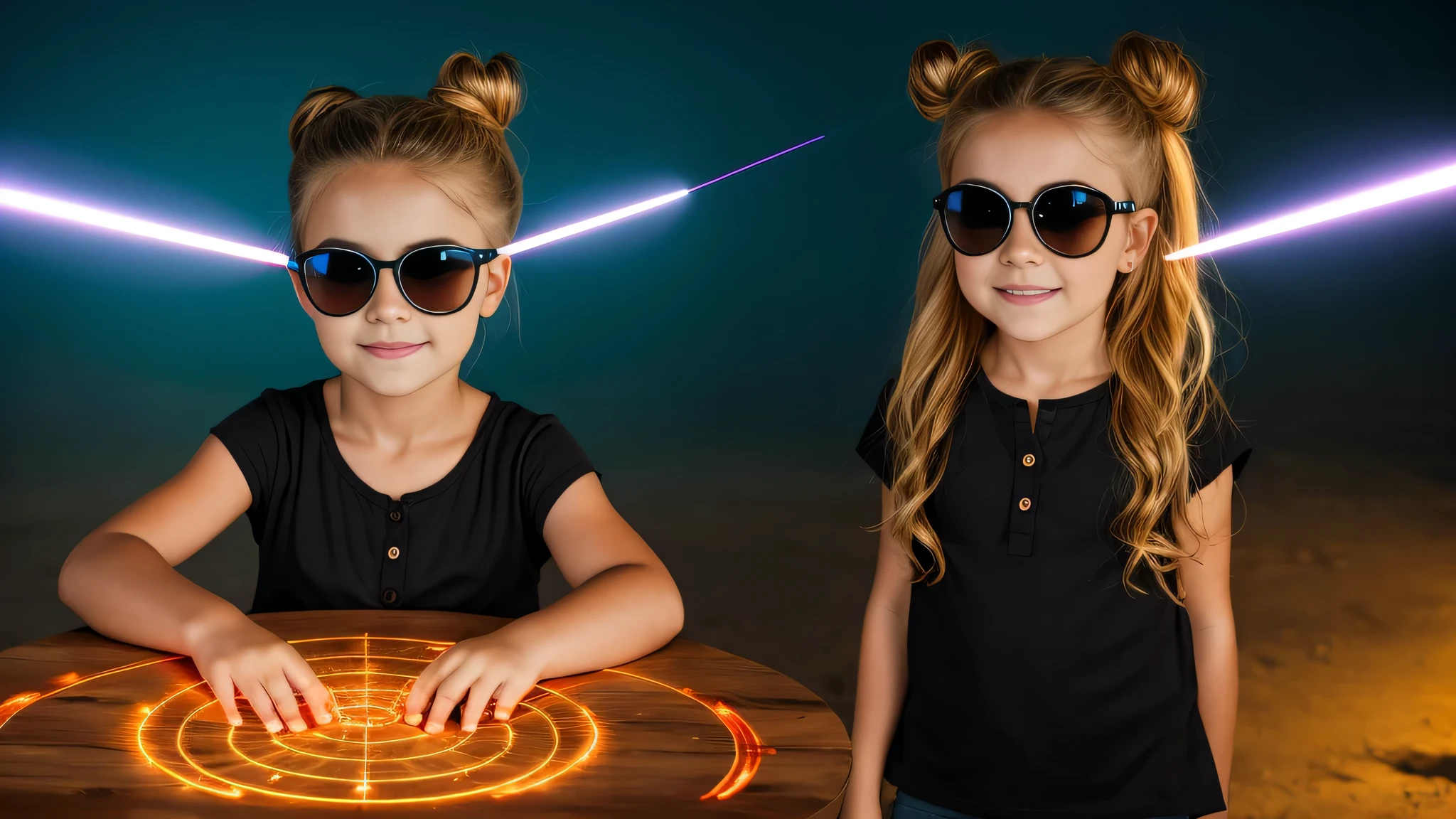 are two girls wearing sunglasses and playing laser, glowing feixe de laser eyes, feixe de laser eyes, lente brilhante flare wraith , littlemagical powers, lasers disparando para fora dos olhos, glowing violet feixe de laser eyes, futuristic glasses lenses, feixe de laser, segurando espadas laser, holographic display lenses, armas laser, feixe de lasers, leve brilho da lente