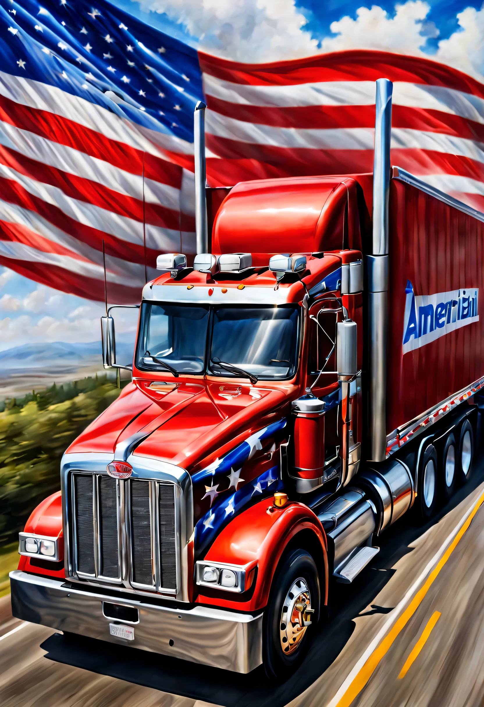 Peterbilt truck with american pride on the side, ((patriotic)), realistic paint job, detailed airbrush art, (((semi truck amazing art))), airbrush art, by Brian Thomas, a full-color airbrushed, stunning artwork, realistic artwork, by Tony Sart, by Drew Tucker, extremely high detail!!, insanely highly detailed artwork, very hyperrealistic