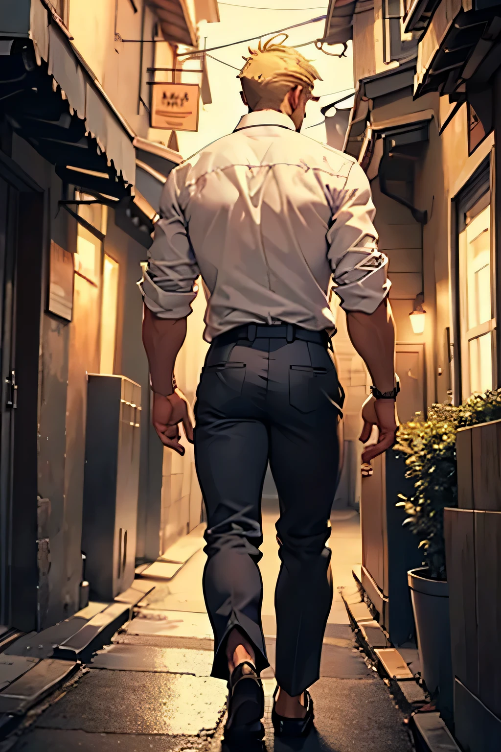 a blond man walking. view from behind. he's a blond and has a white shirt. it's night
