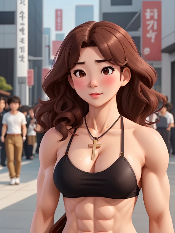 attractive korean woman, ripped muscle, muscular body, small breast, pale skin, sad(blush), nude, cross necklace, sixpack abs, [ultra detailed skin:1.2], brown hair, wavy hair, 8k uhd, pussy, full body, crowd, public, temple, standing,