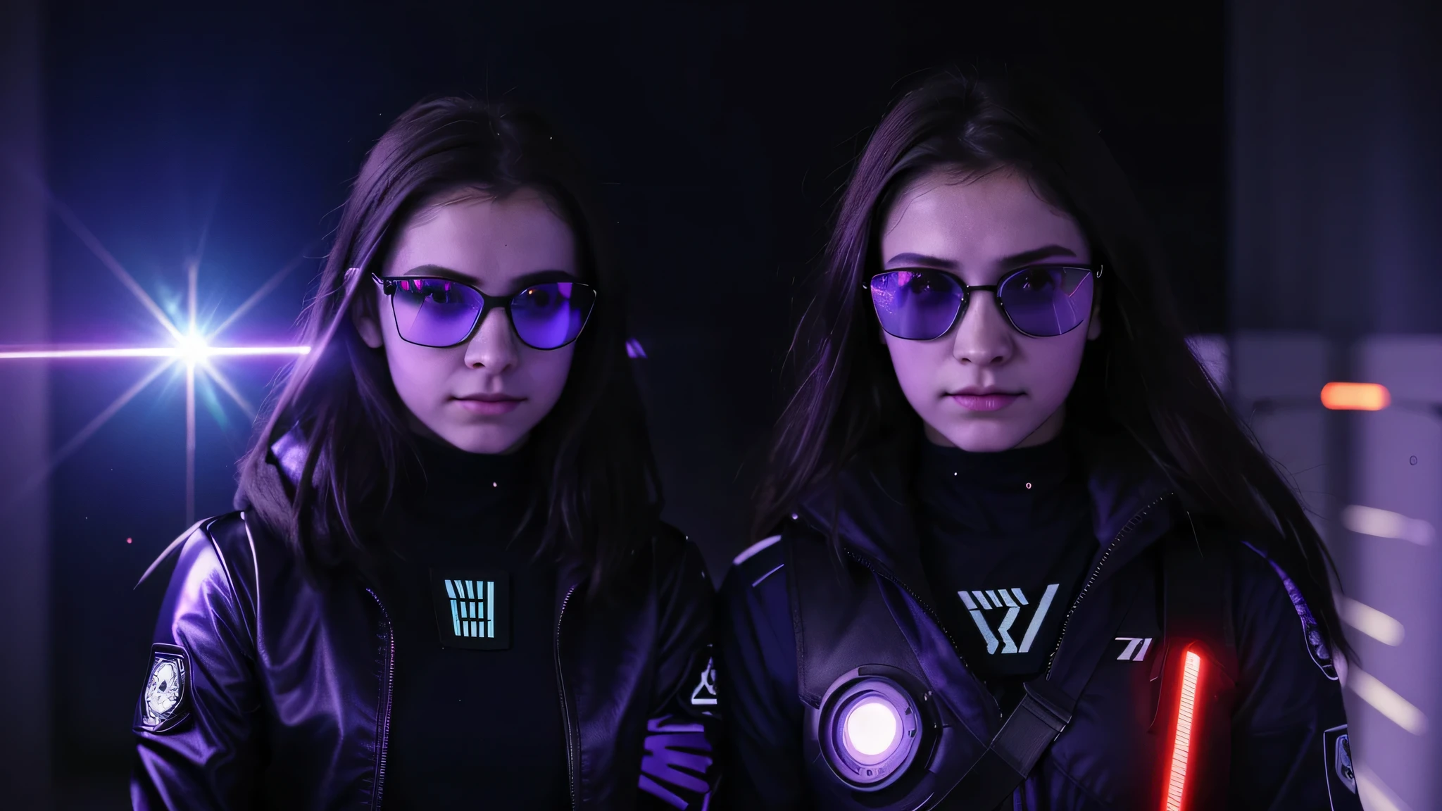 are two girls wearing sunglasses and playing laser, glowing feixe de laser eyes, feixe de laser eyes, lente brilhante flare wraith menina, little girl with magical powers, lasers disparando para fora dos olhos, glowing violet feixe de laser eyes, futuristic glasses lenses, feixe de laser, segurando espadas laser, holographic display lenses, armas laser, feixe de lasers, leve brilho da lente