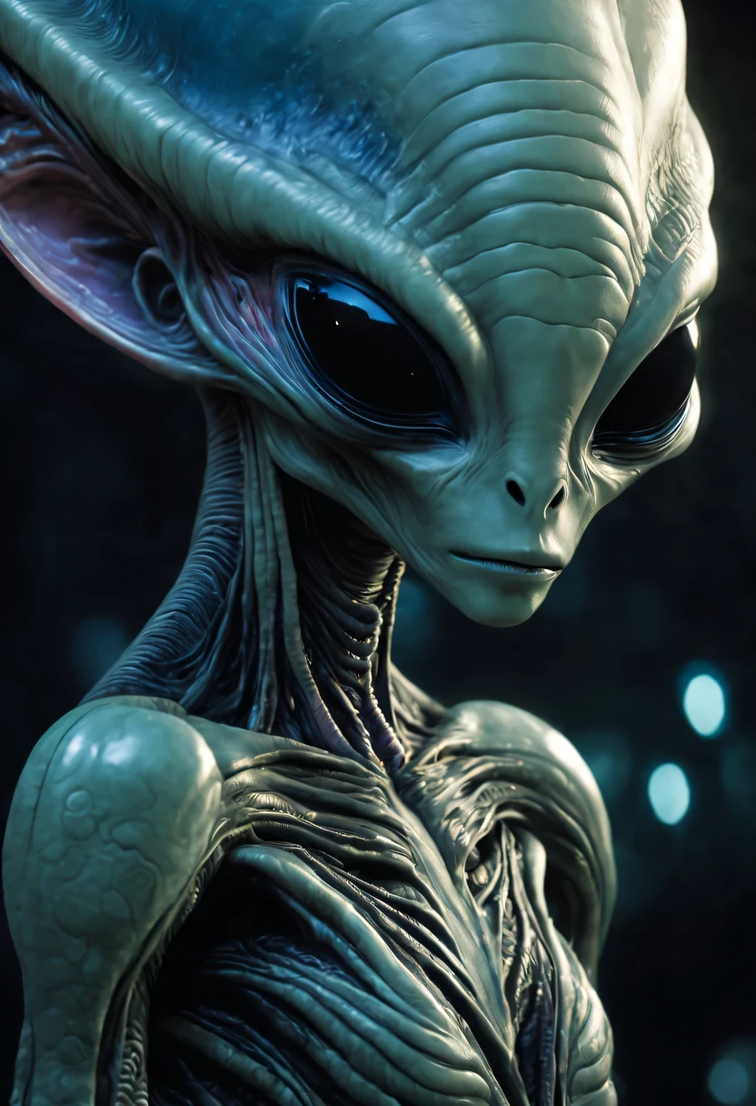(detalhado, realista) An alien with a symmetrical and centered composition. The alien has a short body, pernas curtas, and short arms. Its most prominent feature is its large head with a vibrant, Otherworldly appearance. The head is adorned with detalhado features, incluindo enormes olhos negros que cativam com seu olhar misterioso. The alien has a small nose and a small mouth, adding to its unique and intriguing appearance. Her skin is pale white, lending an ethereal, otherworldly quality to its overall presence. Image quality is of the highest caliber, with ultra-detalhado rendering and realism, showing every intricate detail of the alien's features. The final piece is a masterpiece in 4K or 8K resolution, ensuring maximum clarity and sharp focus. A paleta de cores inclina-se para tons frescos, with an emphasis on contrasting tones to highlight the alien's enigmatic aura. The lighting is expertly executed, creating soft highlights and shadows that play with the contours of the alien's face and head. This prompt combines the elements of science fiction, Retrato, e Arte Conceitual, resultando em uma imagem visualmente impressionante e instigante.