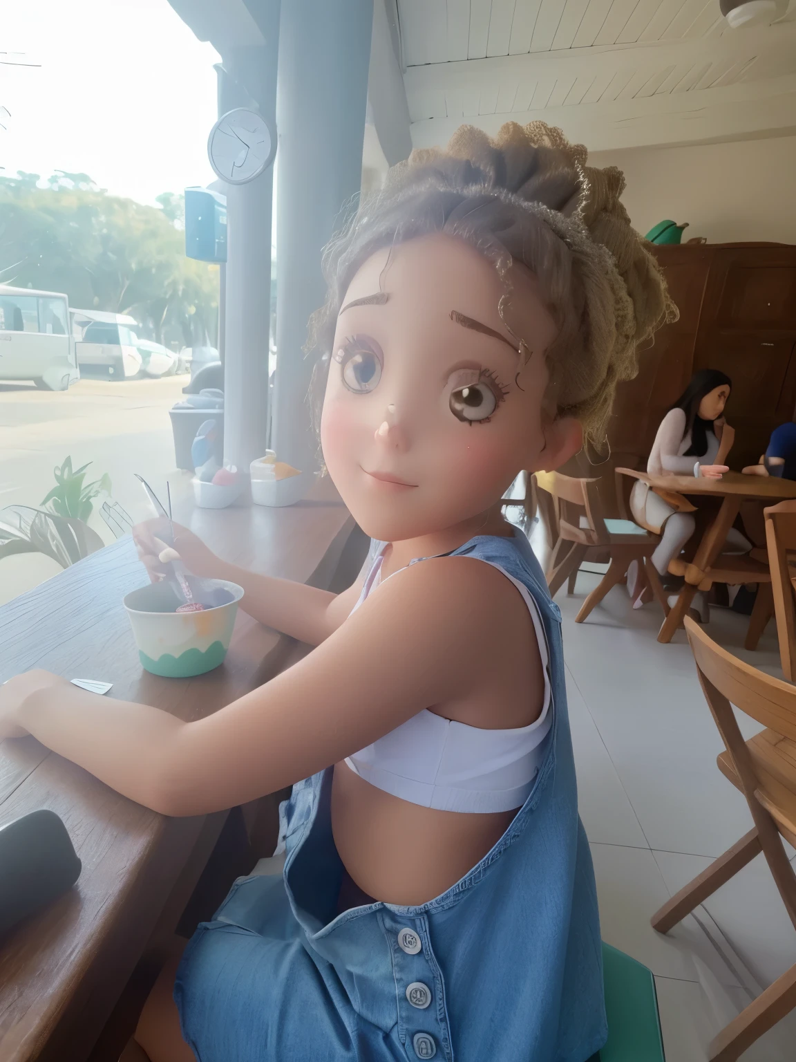 Crinaca menina de 5 anos cabelo amarado olhos castanho escuro sombrancelha clara fina  coque vestido jeans sentada tomando sorvete fundo sorveteria 