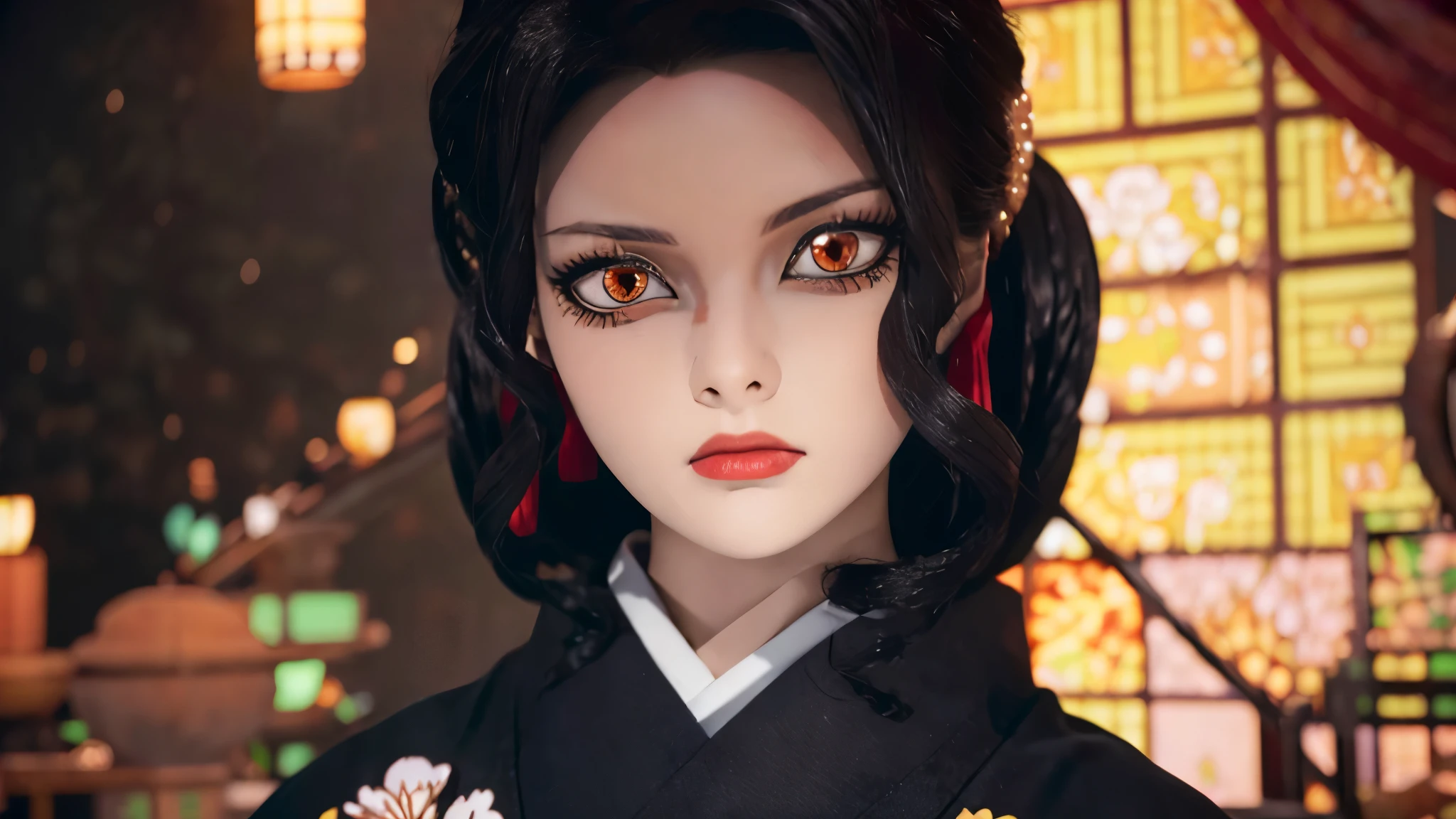 highest quality, 8K, Super detailed, photorealistic, (black kimono:1.3), luxurious kimono, (1 female:1.3), beautiful face, beautiful kimono, tatami, Luxurious sliding door, Seiza, black hair, beautiful makeup, Upper body, red eyes, Cat pupil, (I was irritated:1.3), (a little angry:1.3), (in a dark room:1.3), candle light, (nail biting:1.3), (nails are growing:1.3), (Background red:1.2)