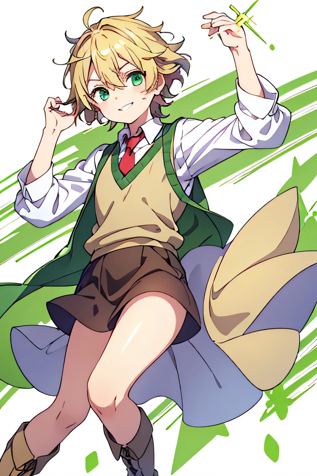 best quality, expressive eyes, perfect face, green squared short with white lines, white shirt, brown open vest, 15 years old, green eyes, smiling, 164 cm, red tie, brown long boots, full body, young face, teenager, Blonde hair, short hair, messy hair, tousled hair, layered hair, windswept hair, youthful hair, carefree hair, charming hair, disheveled hair, cute face